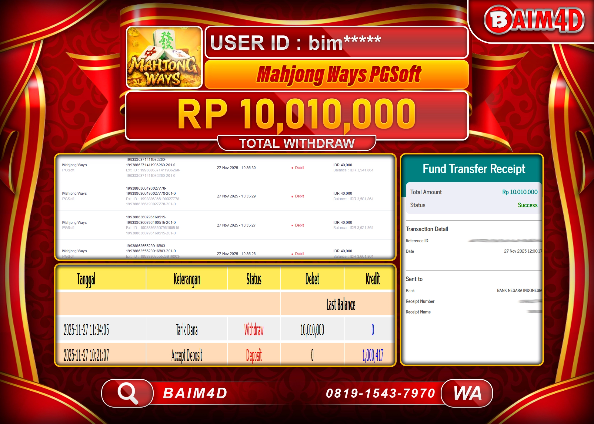 BAIM4D JACKPOT SLOT MAHJONG WAYS PG SOFT Rp.10,010,000 - LUNAS
