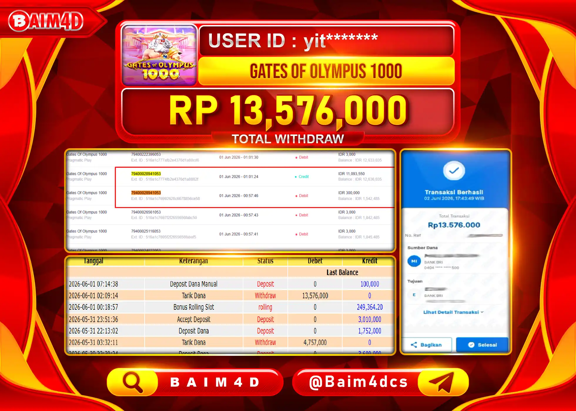 BAIM4D JACKPOT GATES OF OLYMPUS 1000 Rp.13,576,000 - LUNAS