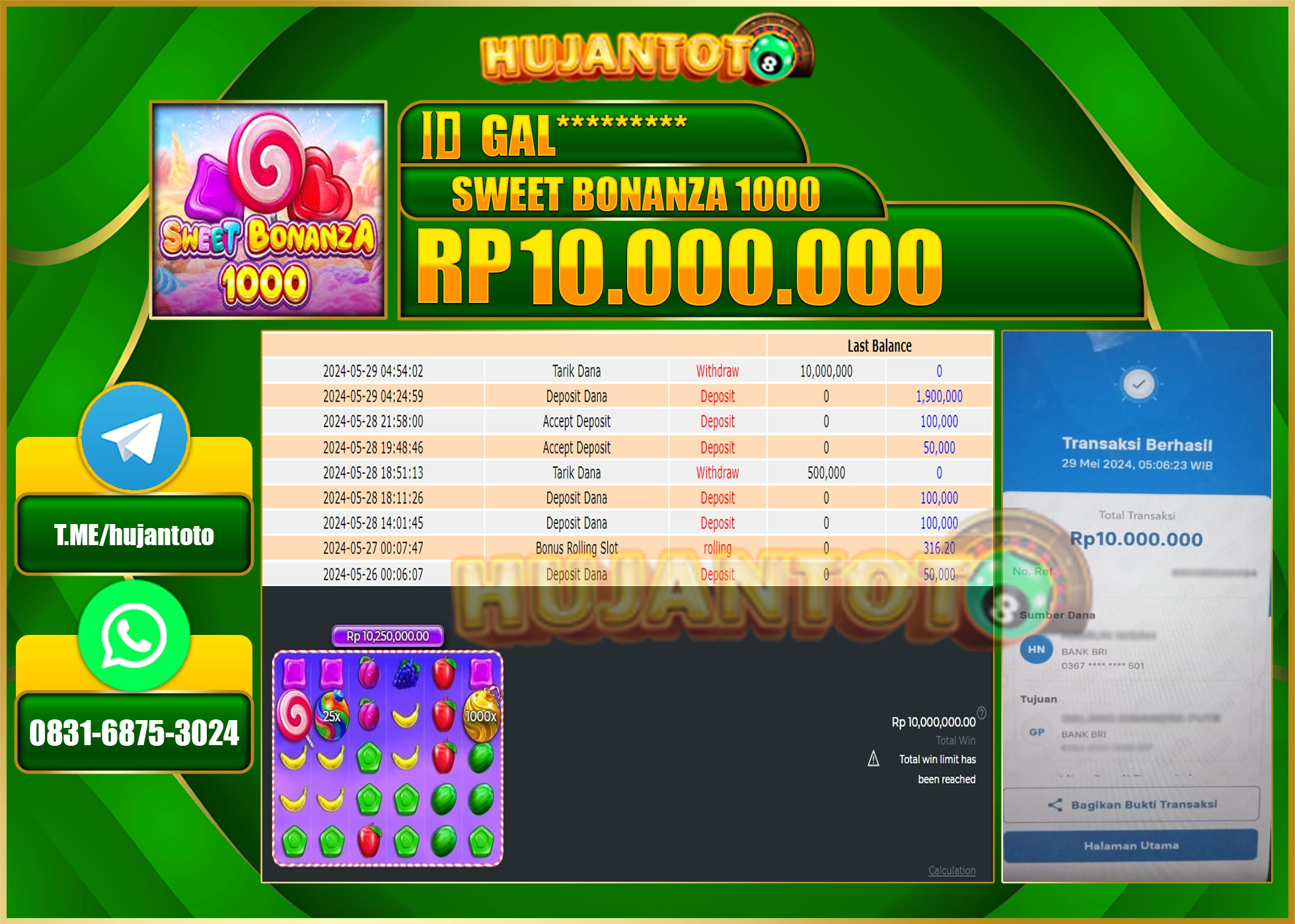HUJANTOTO MENANG SLOT SWEET BONANZA  10,000,000 - LUNAS 