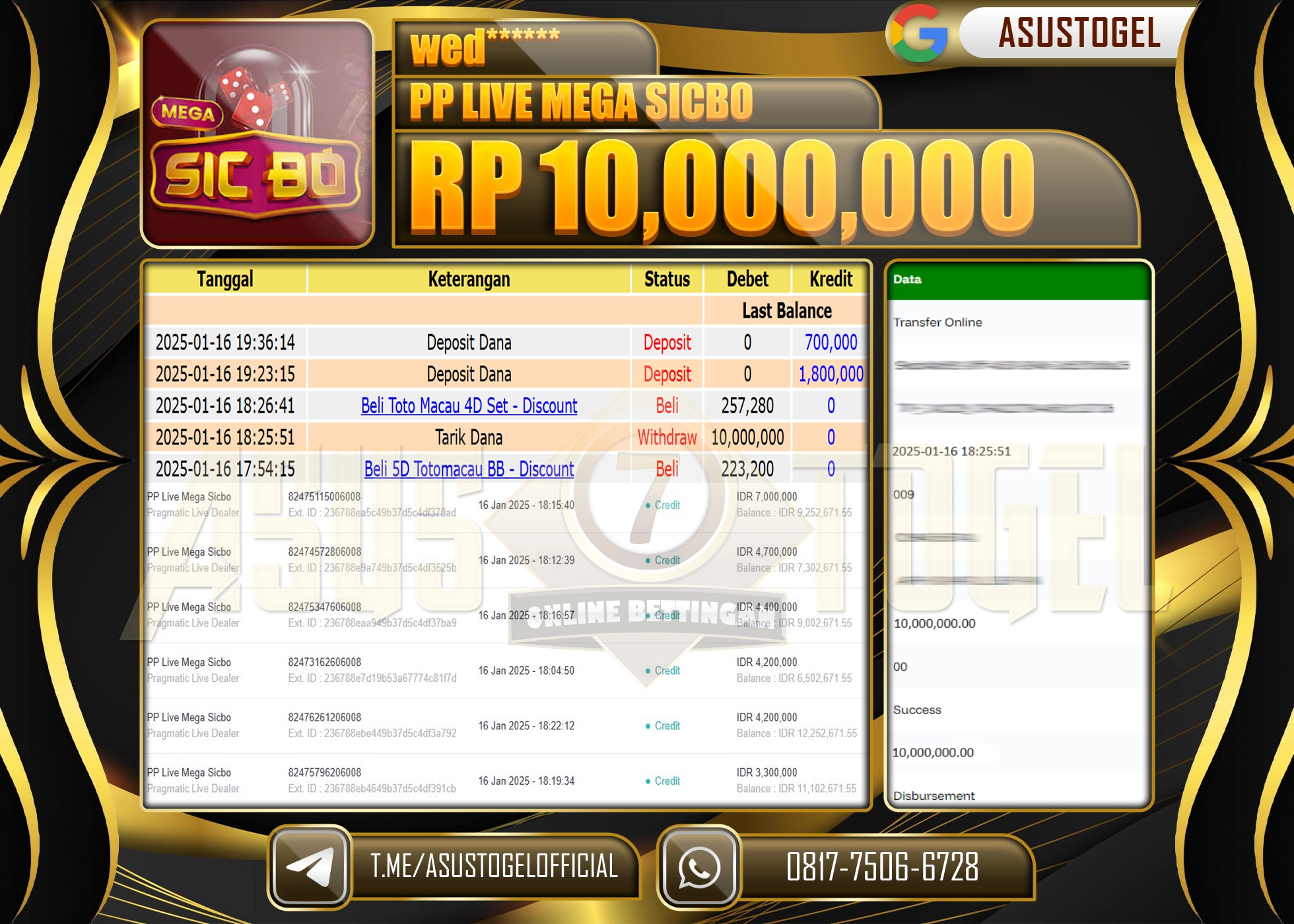 ASUSTOGEL KEMENANGAN DI PP LIVE MEGA SICBO SEBESAR 10.000.000 - RUPIAH LUNAS