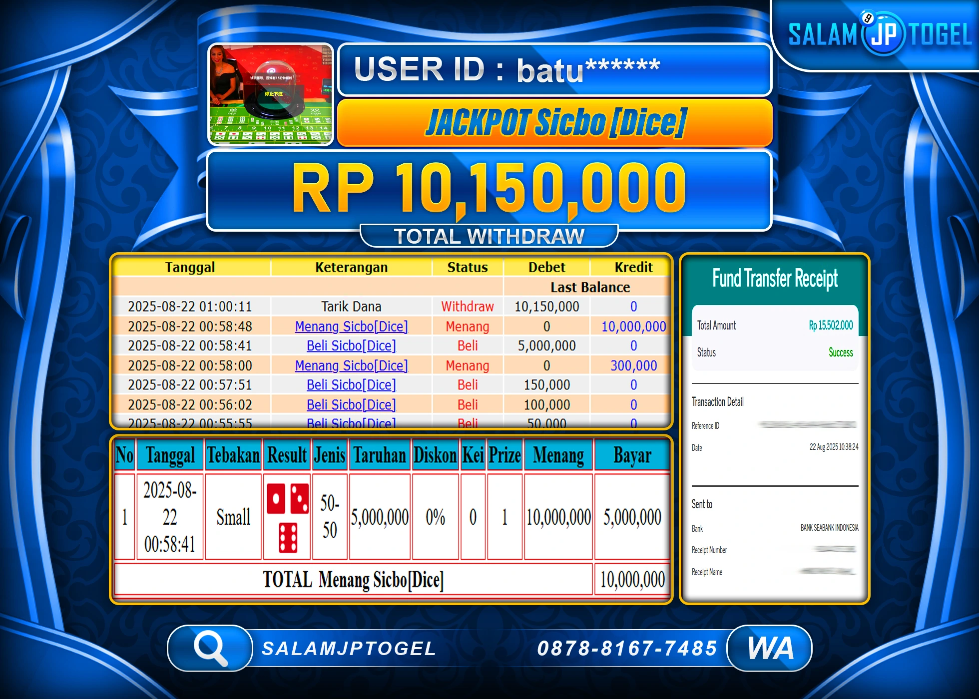 SALAMJPTOGEL MENANG Sicbo[Dice] 24D Rp.10,150,000