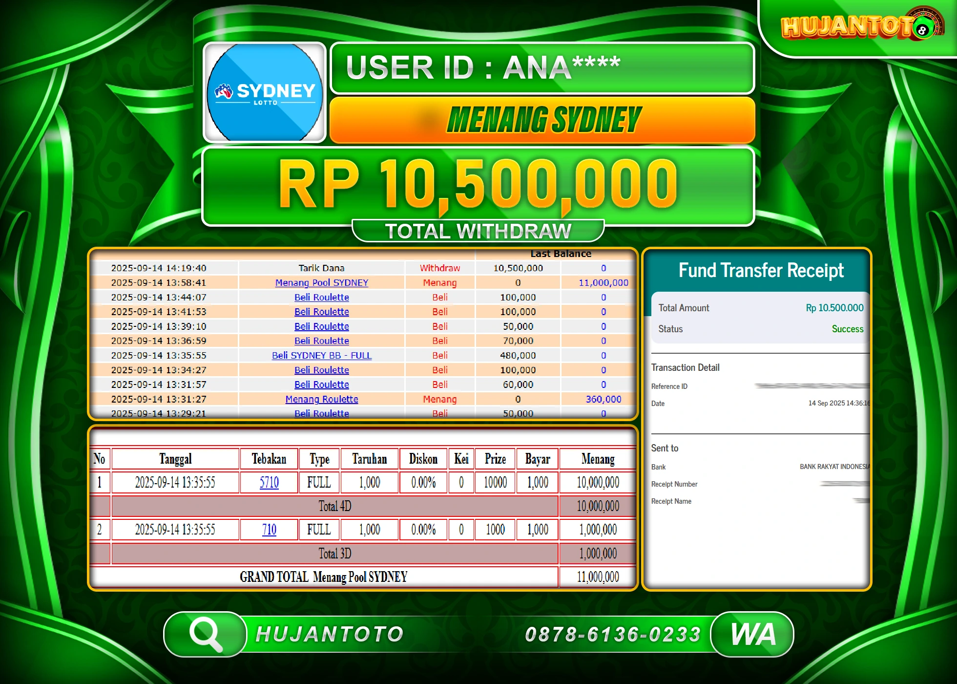 HUJANTOTO - BUKTI JACKPOT MENANG DI TOGEL POOL SYDNEY LOTTO Rp.10,500,000 - TERBAYAR LUNAS