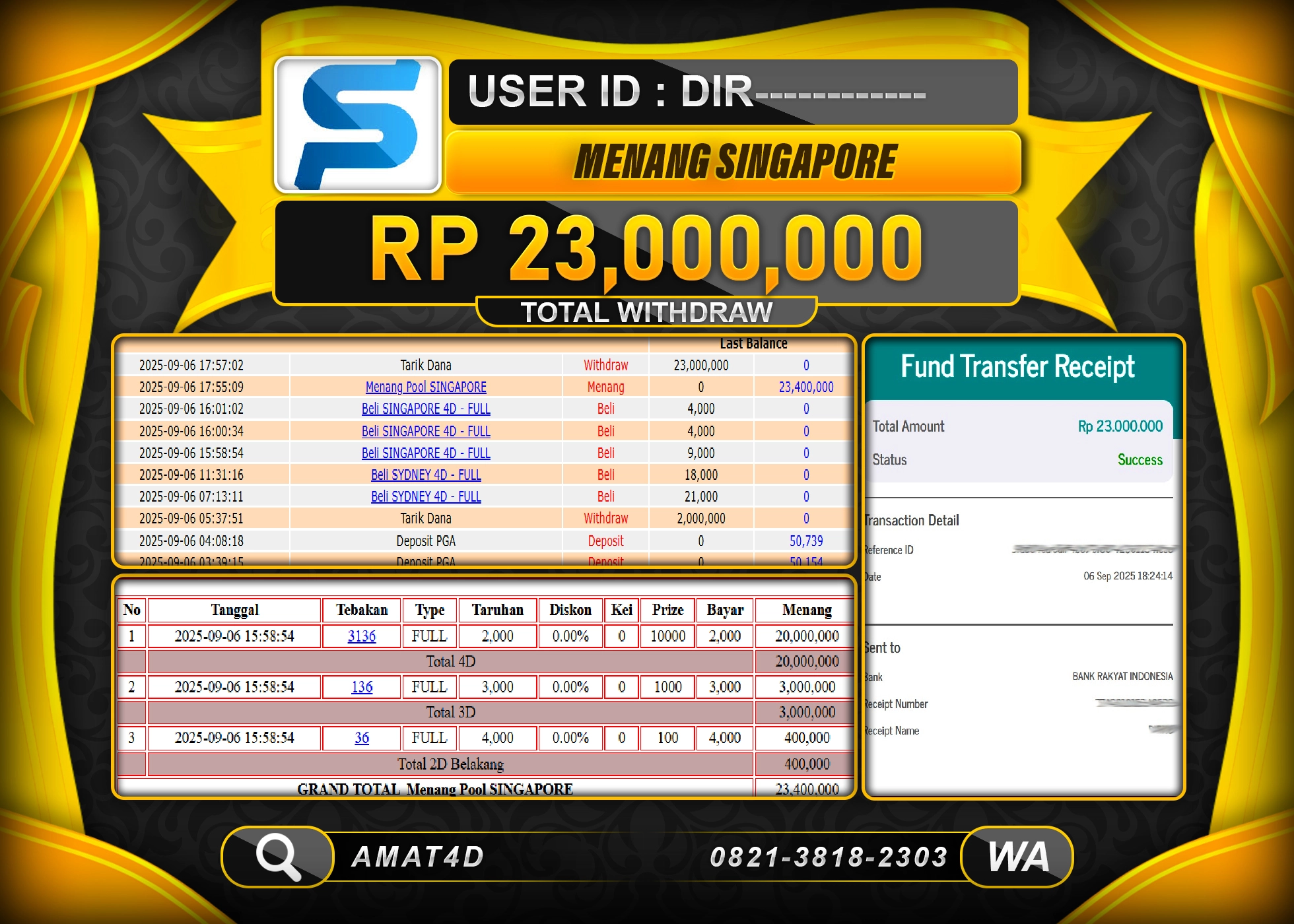 AMAT4D KEMENANGAN TOGEL SINGAPORE POOLS  Rp.23.000.000 BERHASIL TERBAYAR LUNAS