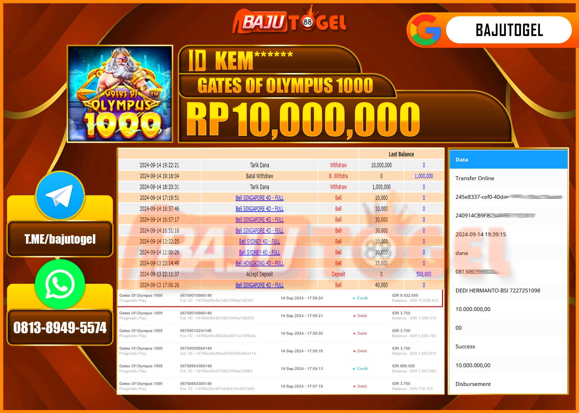 BAJUTOGEL JACKPOT SLOT GATES OF OLYMPUS 1000 Rp.10.000.000 LUNAS