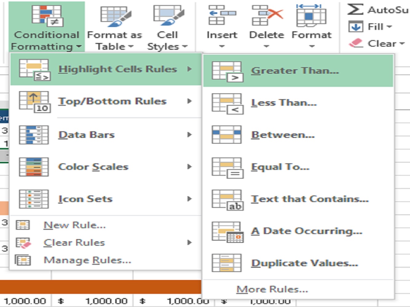 Screenshot of the excel greater than of the net total