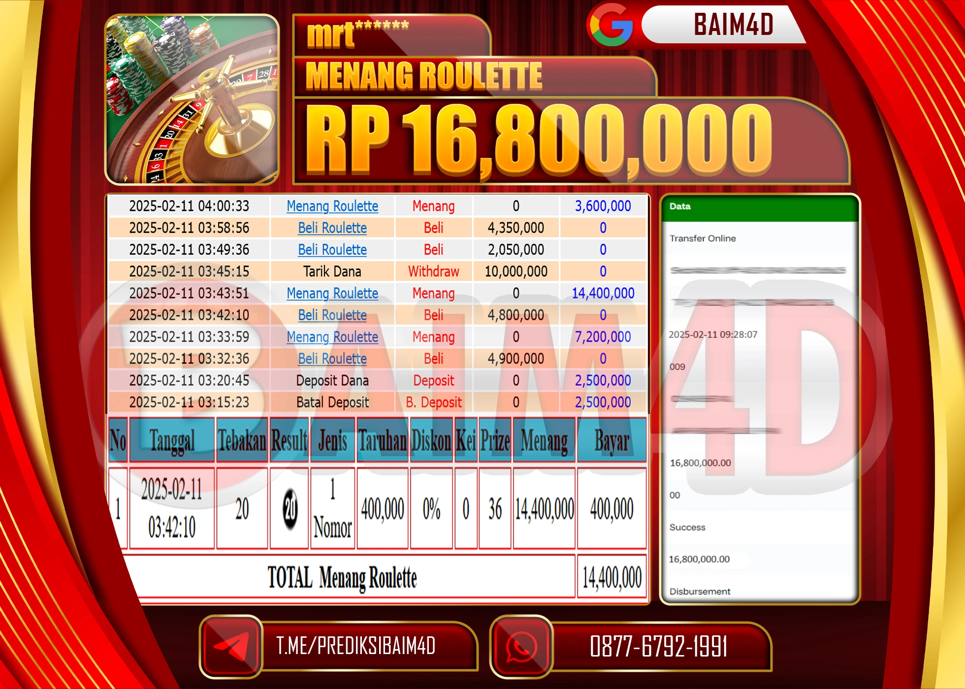 BAIM4D MENANG  MENANG ROULLETE GAMES   Rp.16.800,000.