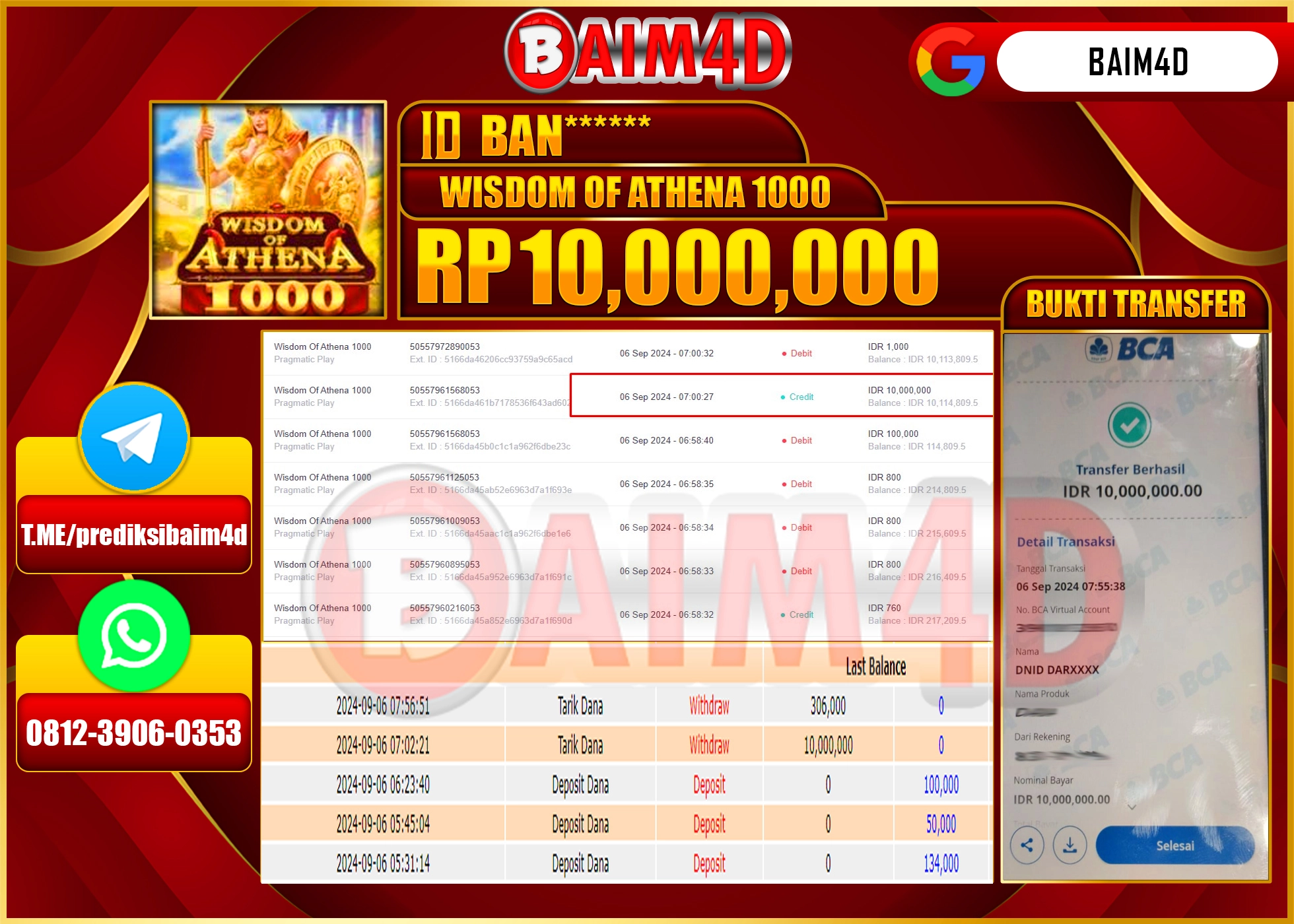 BAIM4D JACKPOT WISDOM OF ATHENA 1000 Rp.10.000,000.- LUNAS