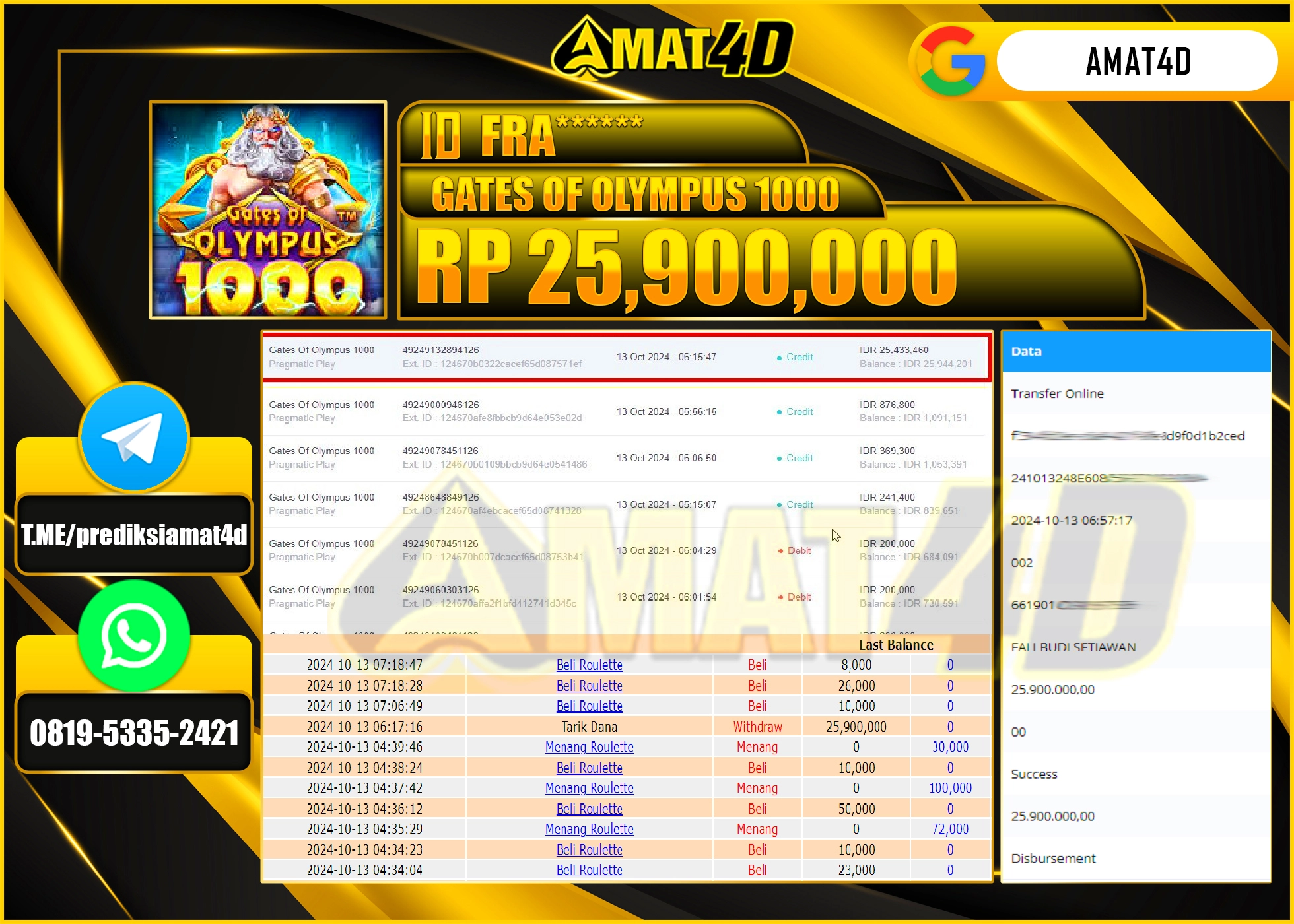 AMAT4D JACKPOT SLOT GATES OF OLYMPUS 1000 Rp.25.900.000 BERHASIL DI BAYAR LUNAS