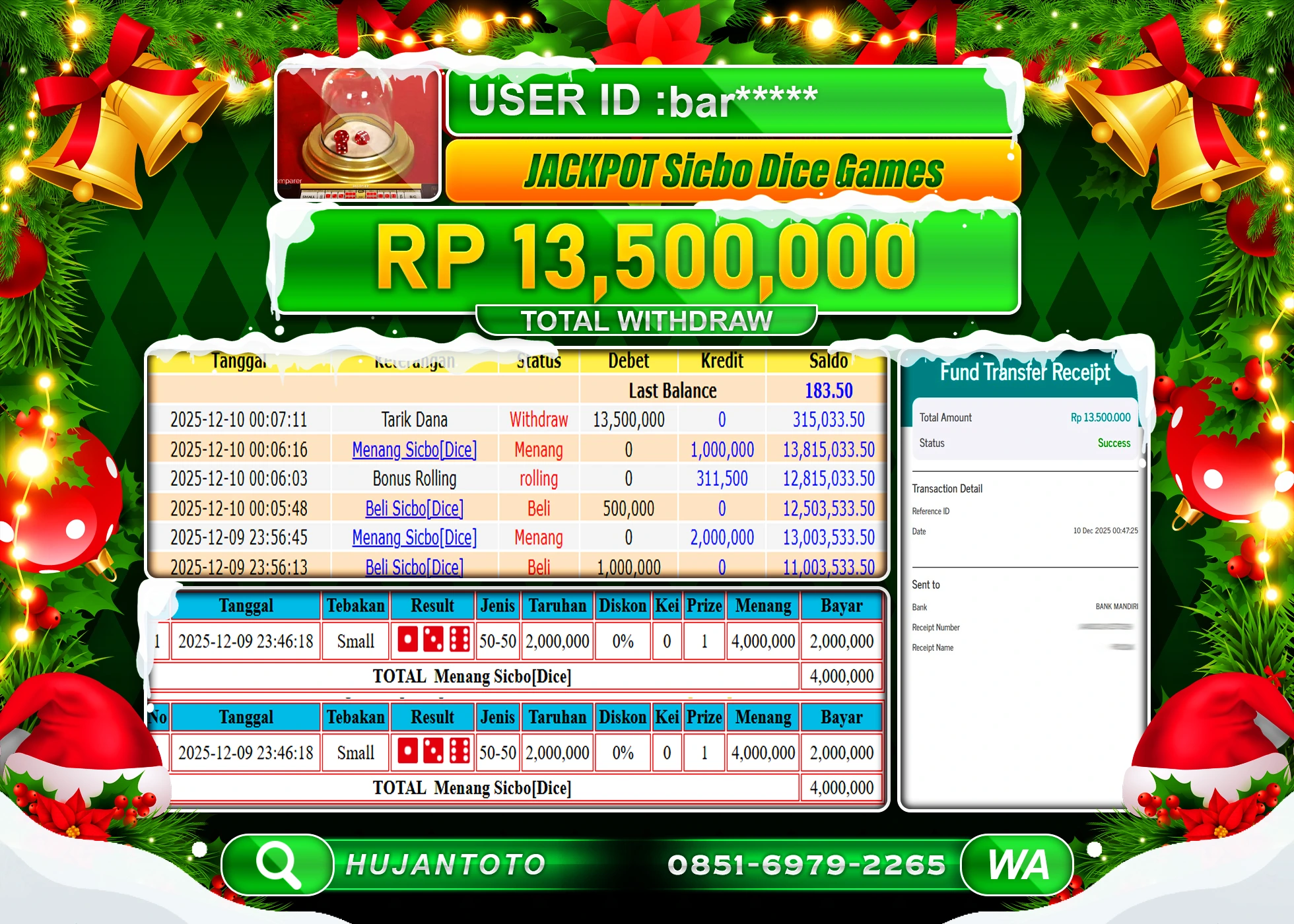 HUJANTOTO - BUKTI JACKPOT MENANG LIVEGAME SICBO DICE Rp.13,500,000 - TERBAYAR LUNAS
