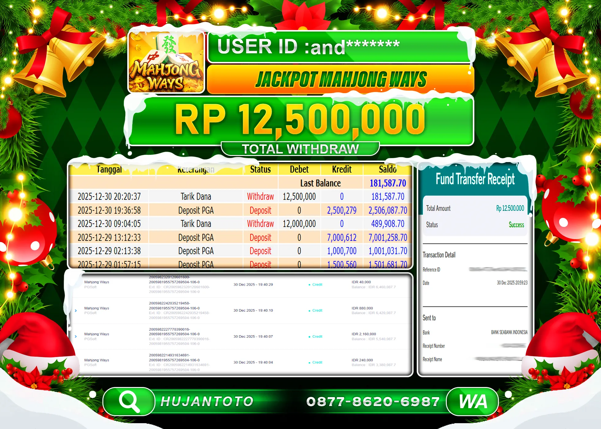 HUJANTOTO - BUKTI JACKPOT MENANG SLOT MAHJONG WAYS Rp.12,500,000 - TERBAYAR LUNAS