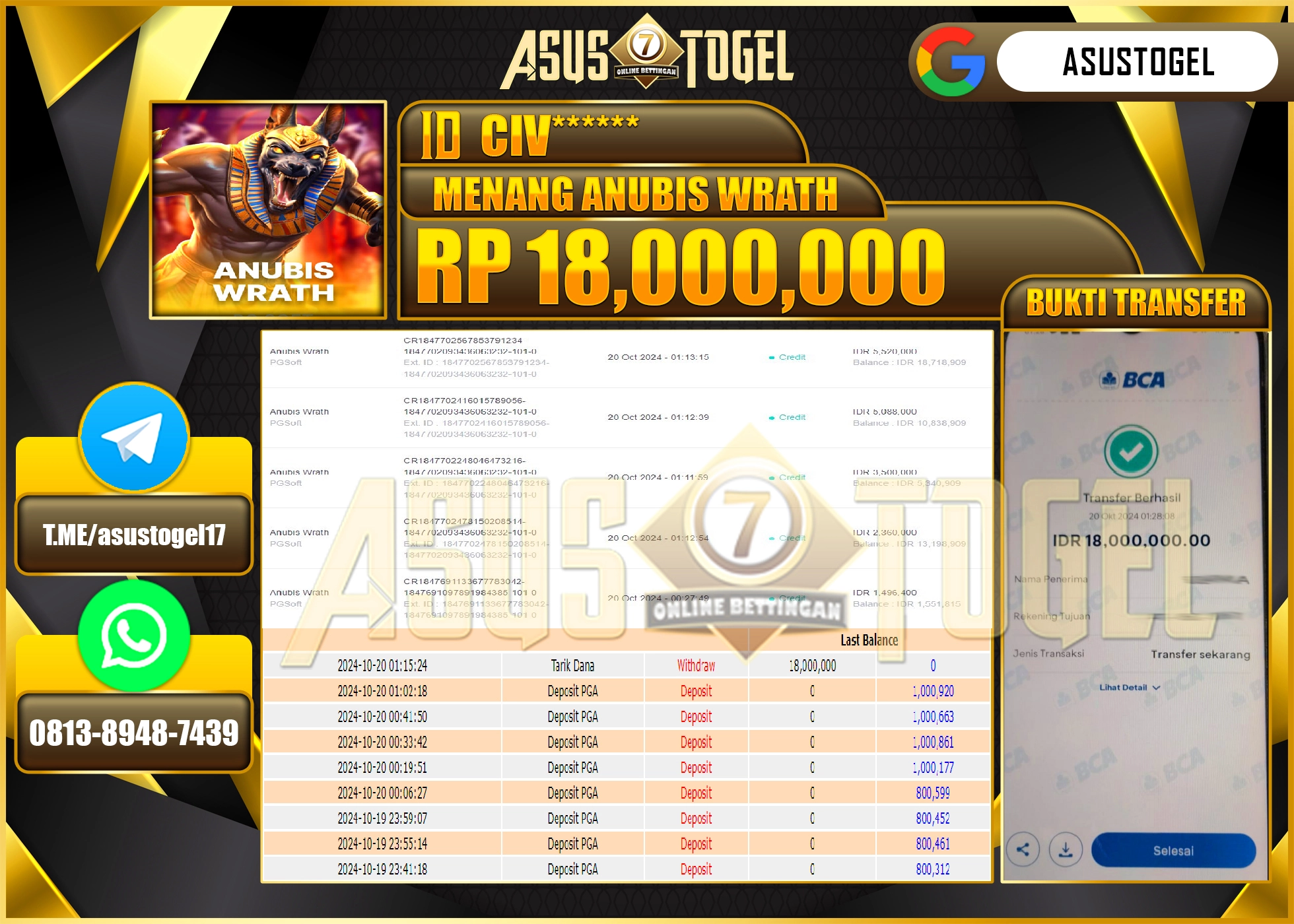 ASUSTOGEL KEMENANGAN  DI GAMES  ANUBIS WRATH  PG SOFT  SEBESAR  18,000,000-- RUPIAH LUNAS