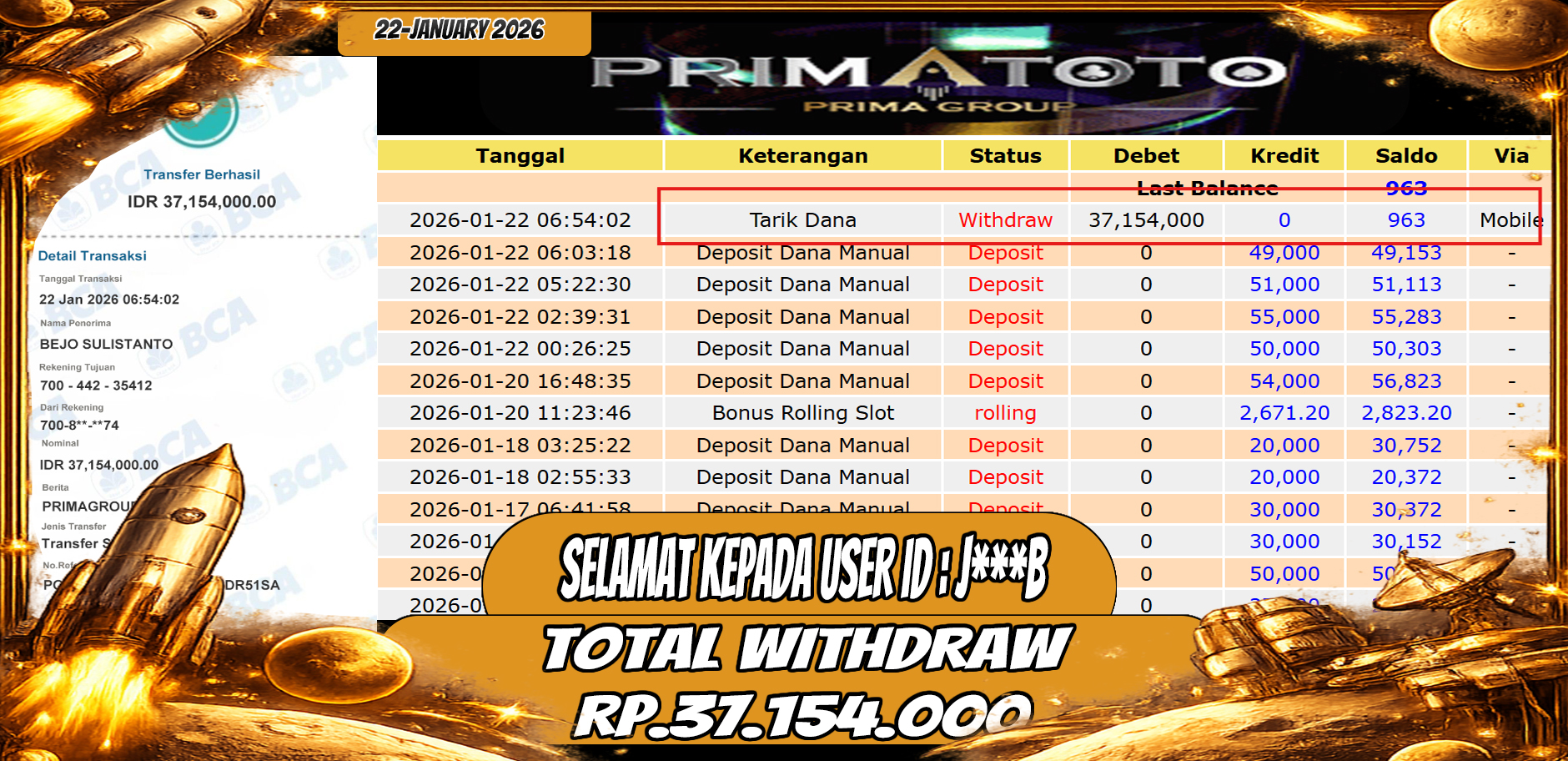 PRIMATOTO-JACKPOT SLOT GAME GATES OF OLYMPUS HINGGA 37 JUTA, 22 JANUARI 2026