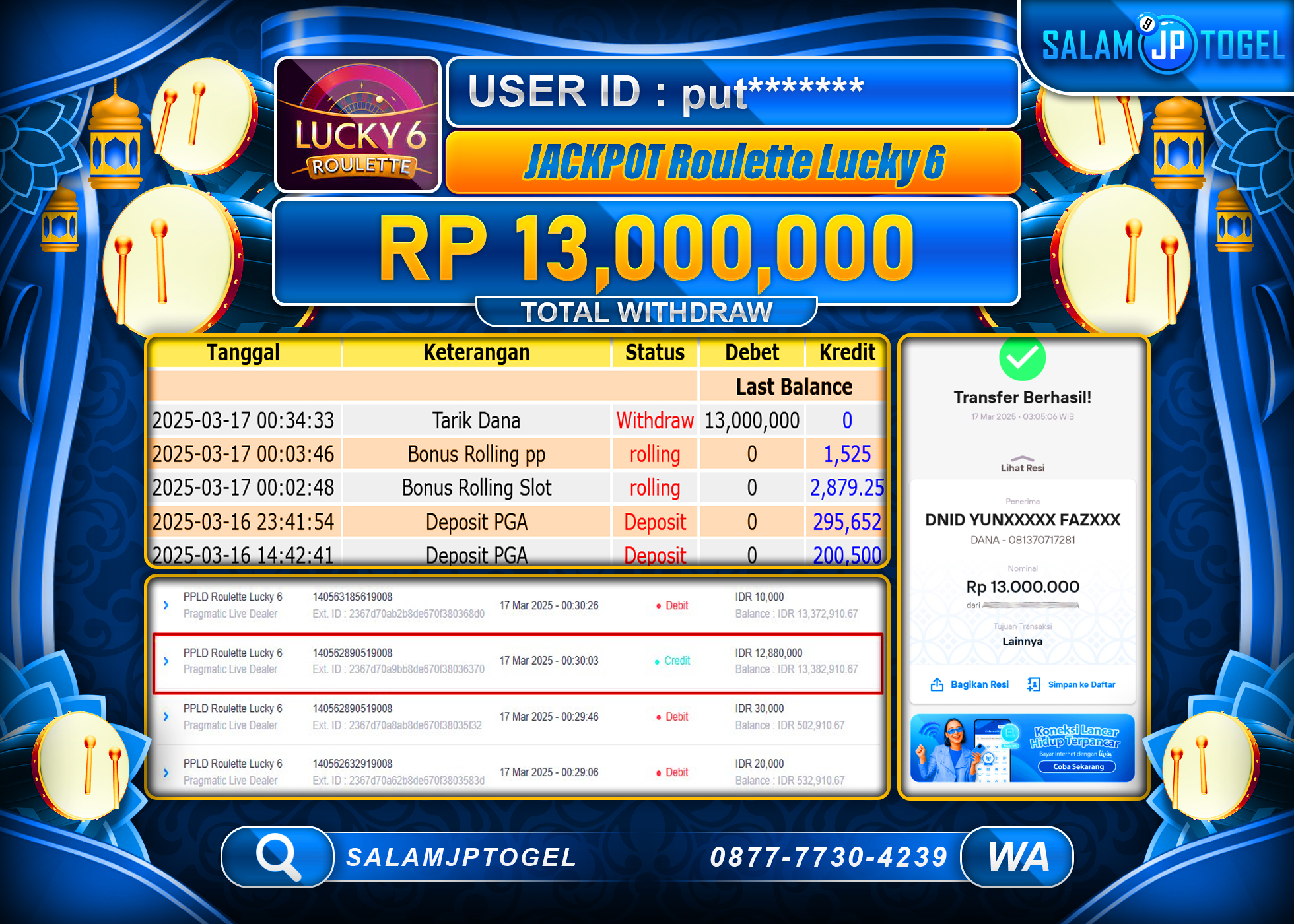 SALAMJPTOGEL MENANG ROULETTE LUCKY 6 Rp. 13,000,000 LUNAS