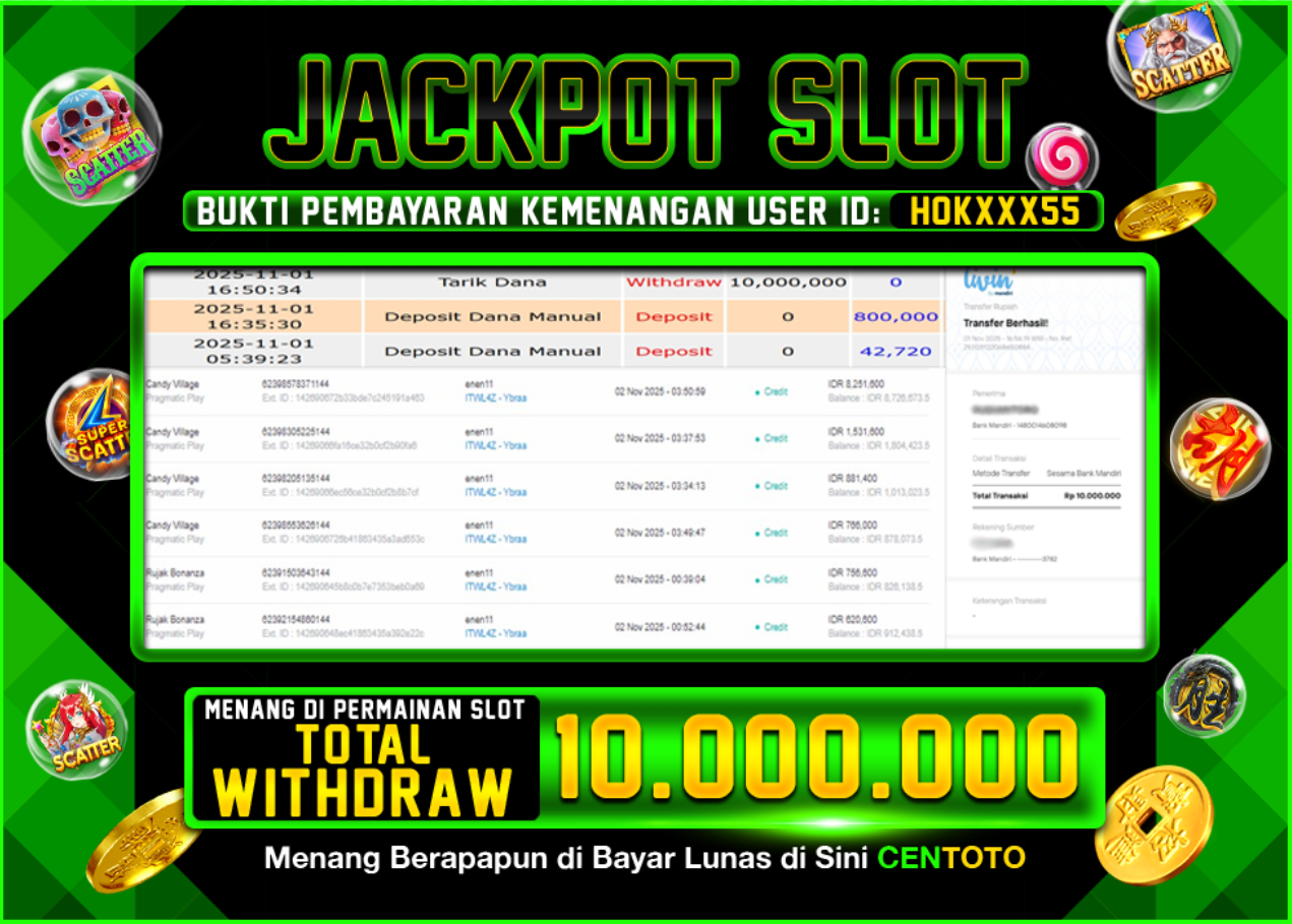 BUKTI JACKPOT SLOT CENTOTO RP.10.000.000,-LUNAS