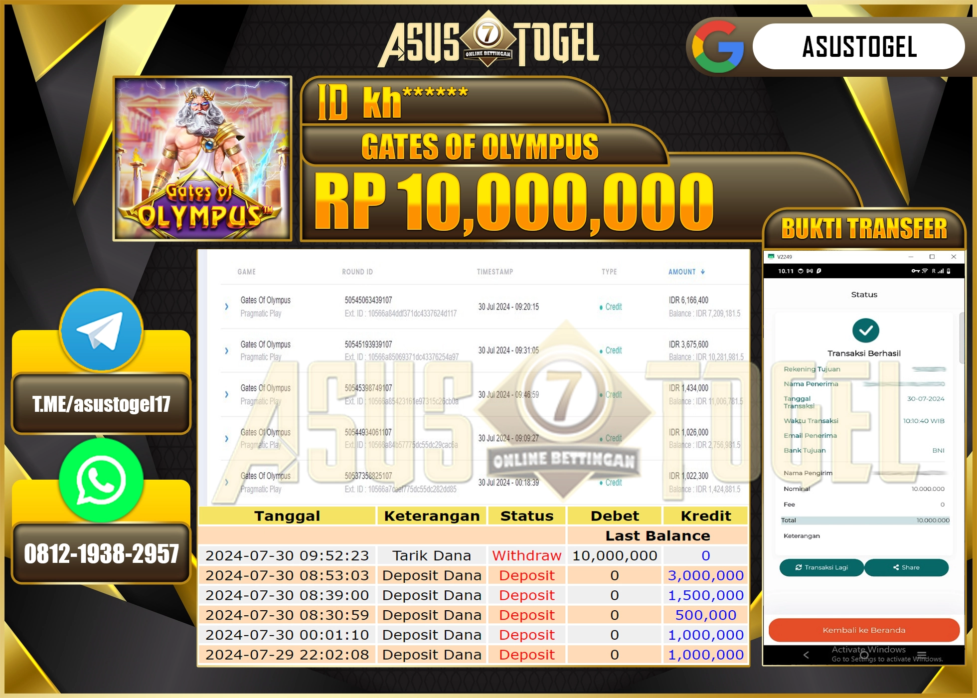 ASUSTOGEL KEMENANGAN DI GATES OF OLYMPUS SEBESAR 10,000,000- RUPIAH LUNAS