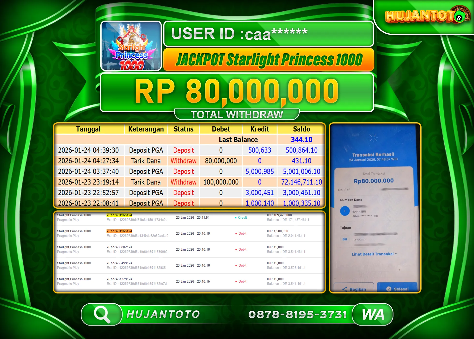 HUJANTOTO - BUKTI JACKPOT MENANG SLOT STARLIGHT PRINCES 1000 Rp.80,000,000 - TERBAYAR LUNAS