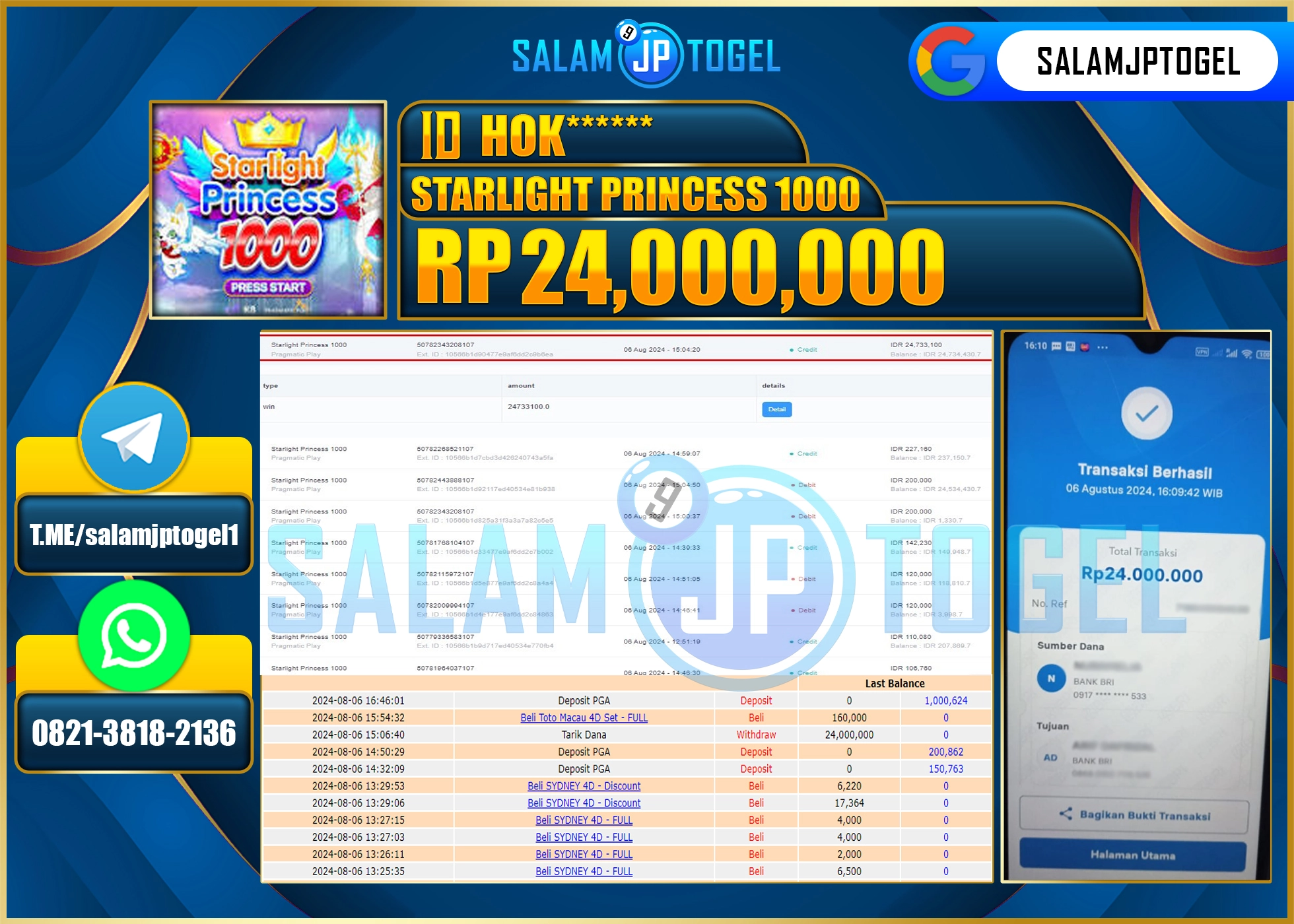 SALAMJPTOGEL MENANG SLOT STARLIGHT PRINCESS 1000 RP. 24,000,000 LUNAS