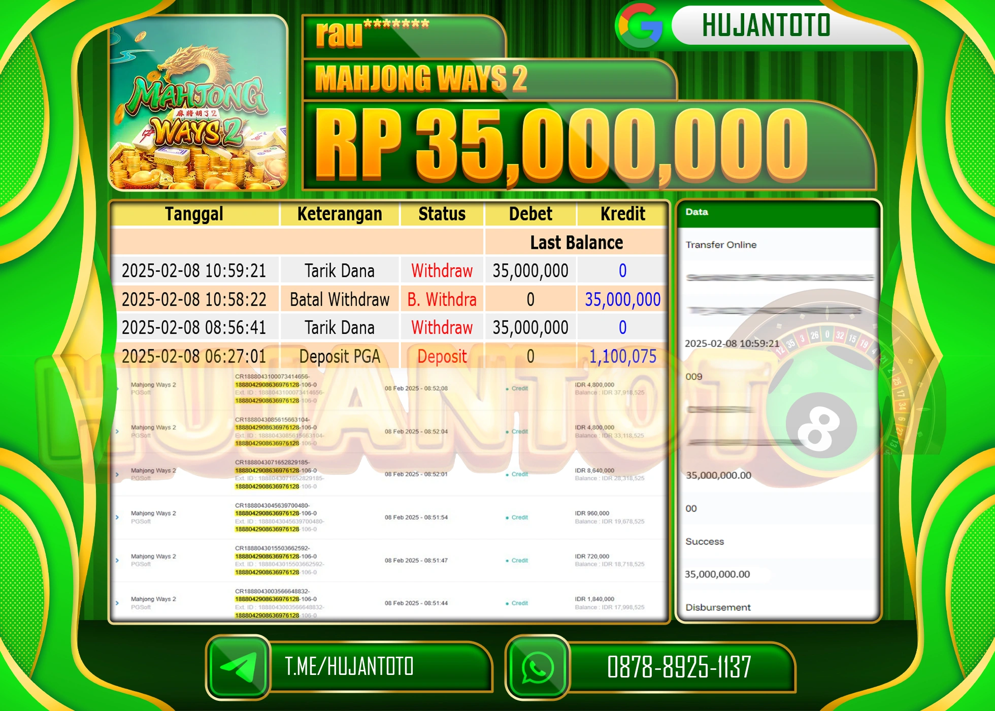 HUJANTOTO - BUKTI JACKPOT MENANG SLOT MAHJONG WAYS 2 Rp,35,000,000 - TERBAYAR LUNAS