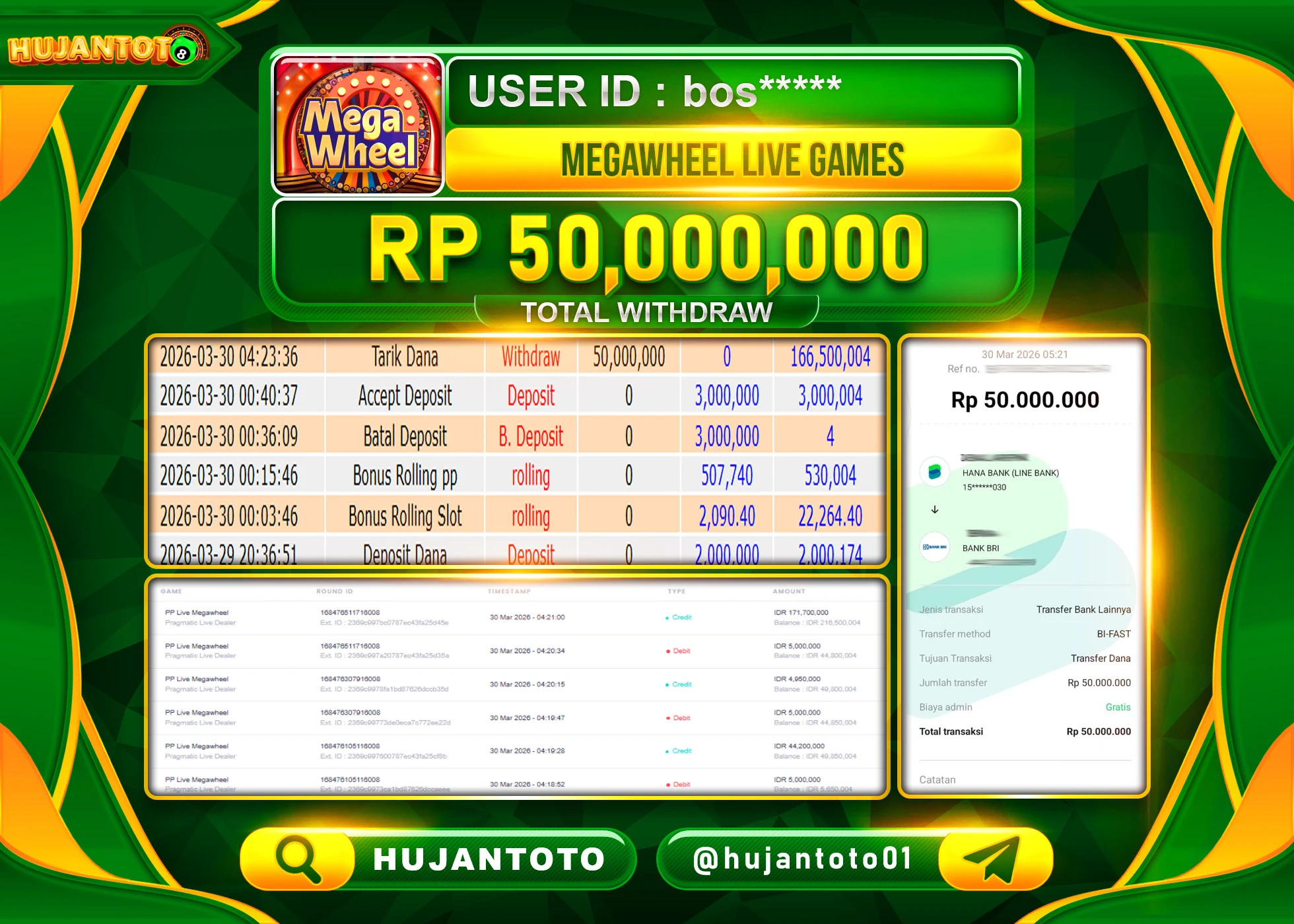 HUJANTOTO - BUKTI JACKPOT MENANG LIVEGAMES  MEGAWHEEL Rp.50,000,000 - TERBAYAR LUNAS