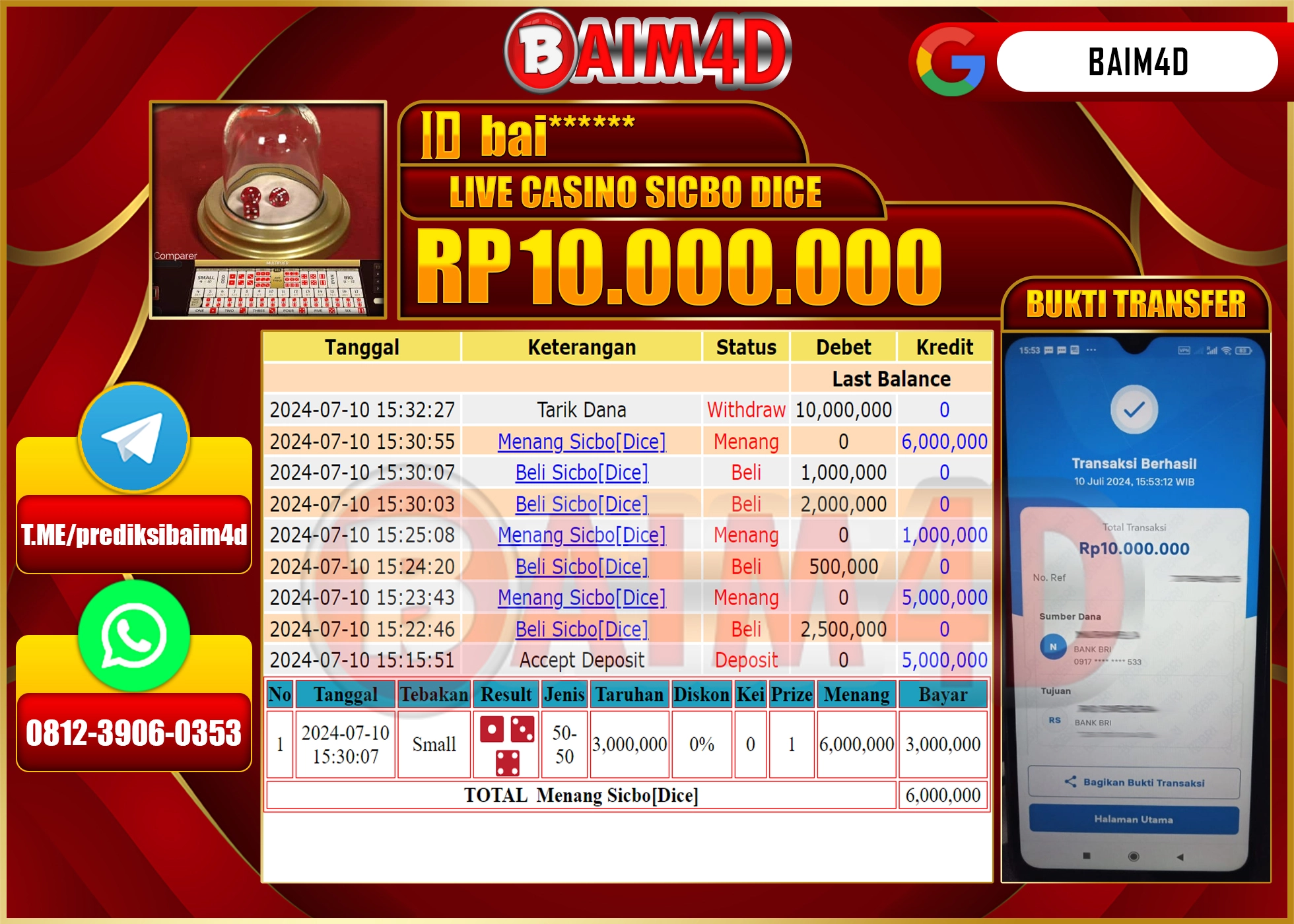 BAIM4D JACKPOT  LIVE CASINO DICE  Rp.10.000,000.- LUNAS