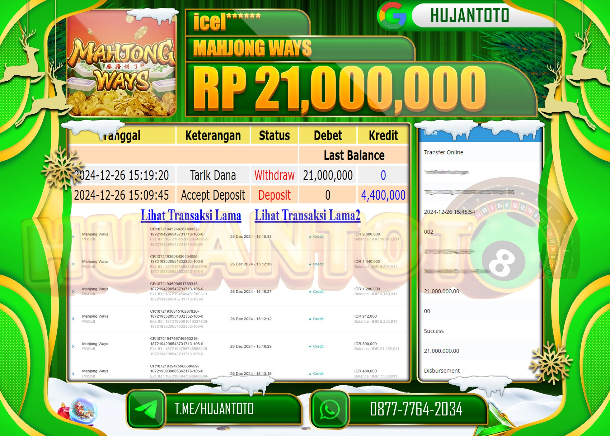 HUJANTOTO SELAMAT ATAS KEMENANGAN YANG DI RAIH DI PERMAINAN SLOT MAHJONG WAYS  SEBESAR- 21,000,000 - TERBAYAR LUNAS