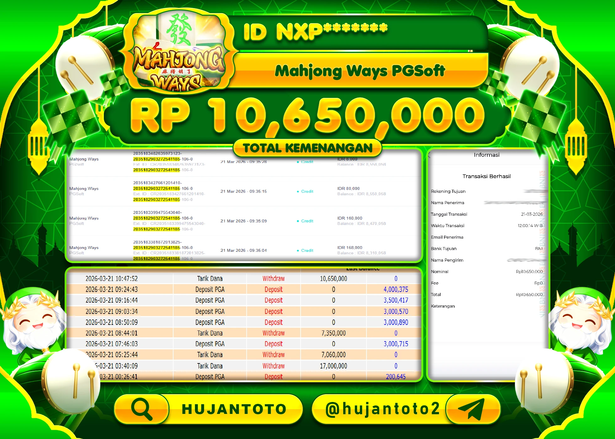 HUJANTOTO - BUKTI JACKPOT MENANG SLOT MAHJONG WAYS   Rp.10,650,000 - TERBAYAR LUNAS