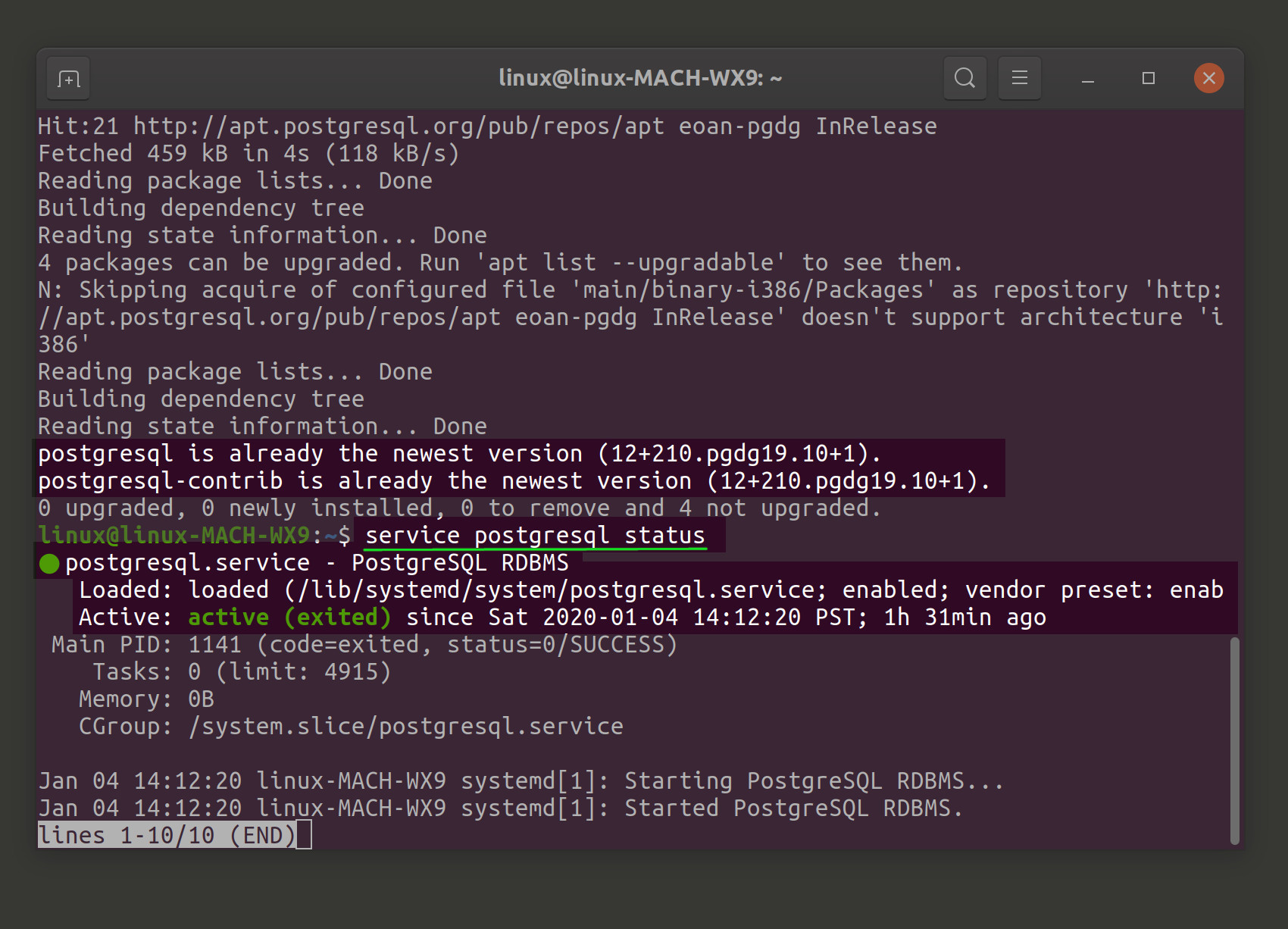 Screenshot of psql examples PostgreSQL status