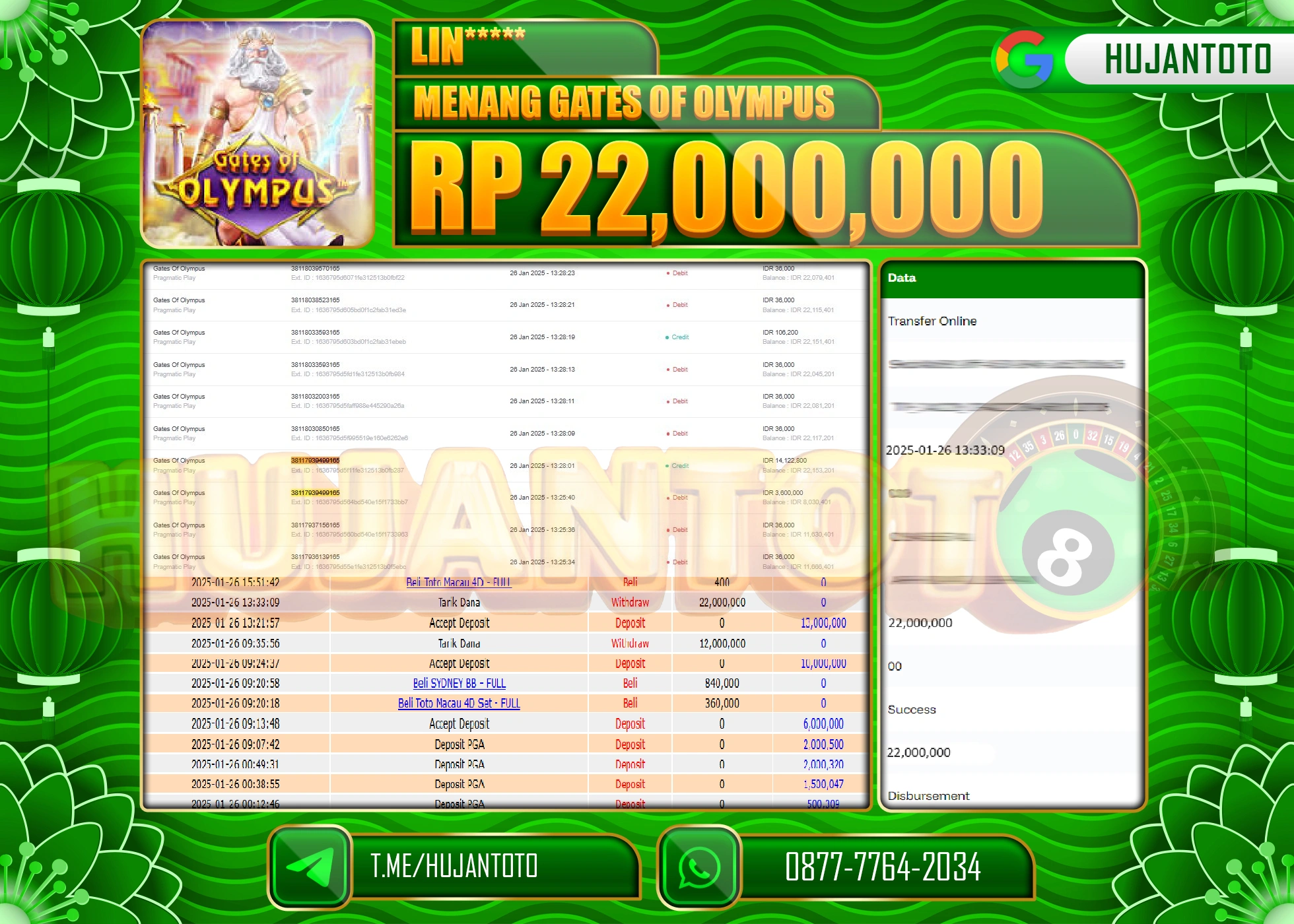 HUJANTOTO - BUKTI JACKPOT DI SLOT PRAGMATIC GATE OF OLYMPUS Rp,22,000,000 - TERBAYAR LUNAS