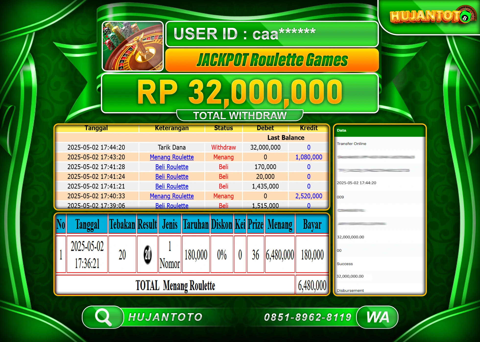 HUJANTOTO - BUKTI JACKPOT MENANG LIVEGAMES ROULETTE Rp,32,000,000 - TERBAYAR LUNAS