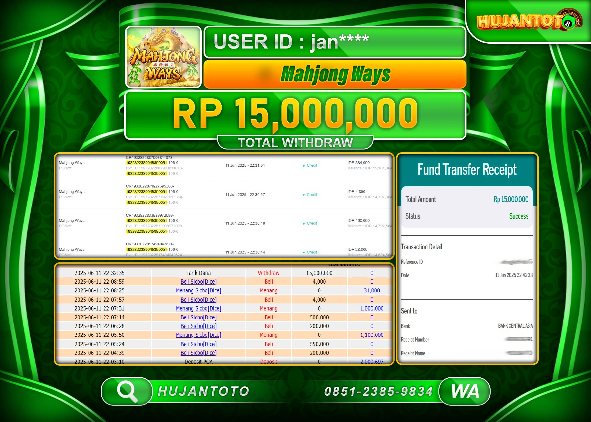 HUJANTOTO - BUKTI JACKPOT MENANG SLOT MAHJONG WAYS Rp.15,000,000  - TERBAYAR LUNAS