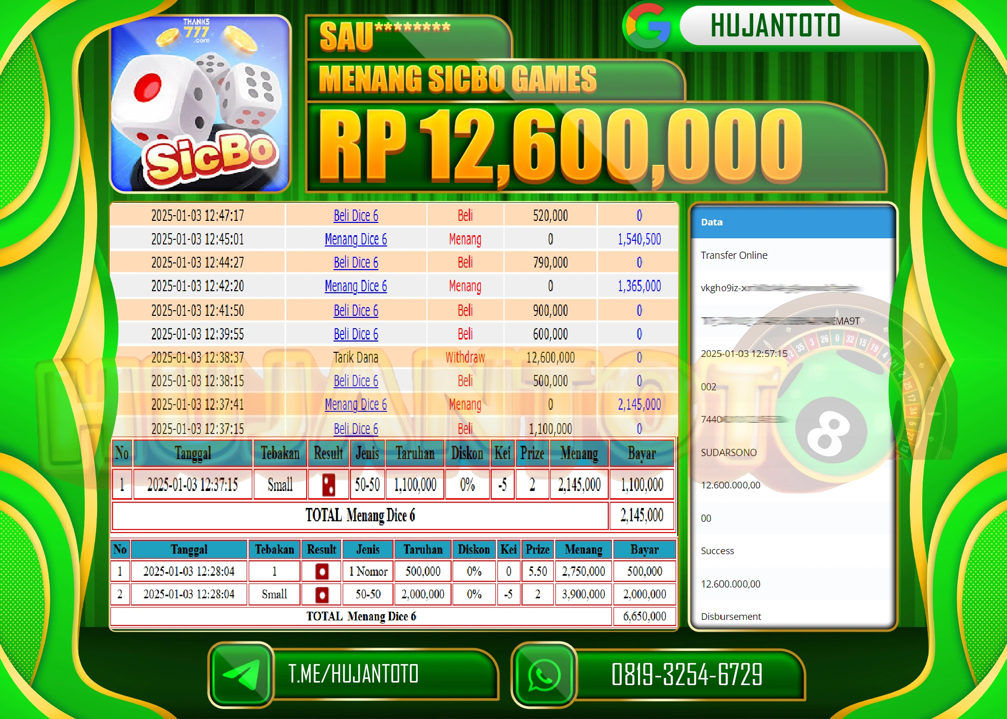 HUJANTOTO - BUKTI JACKPOT PERMAINAN LIVE GAME SICBO GAMES Rp.12,600,000,- TERBAYAR LUNAS