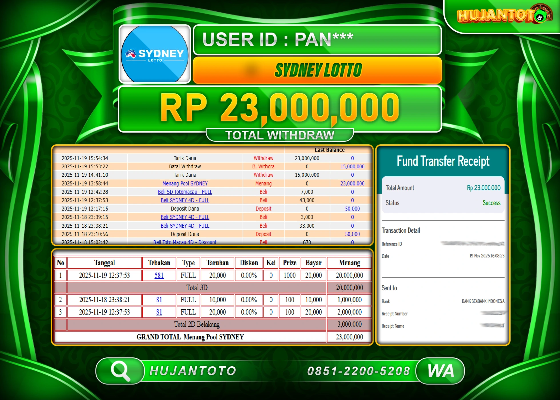 HUJANTOTO - BUKTI JACKPOT MENANG TOGEL SYDNEY LOTTO Rp.23,000,000 - TERBAYAR LUNAS
