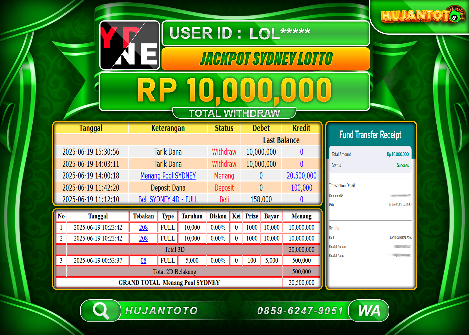 HUJANTOTO - BUKTI JACKPOT MENANG TOGEL SYDNEY LOTTO TOGEL  Rp.10,000,000 - TERBAYAR LUNAS