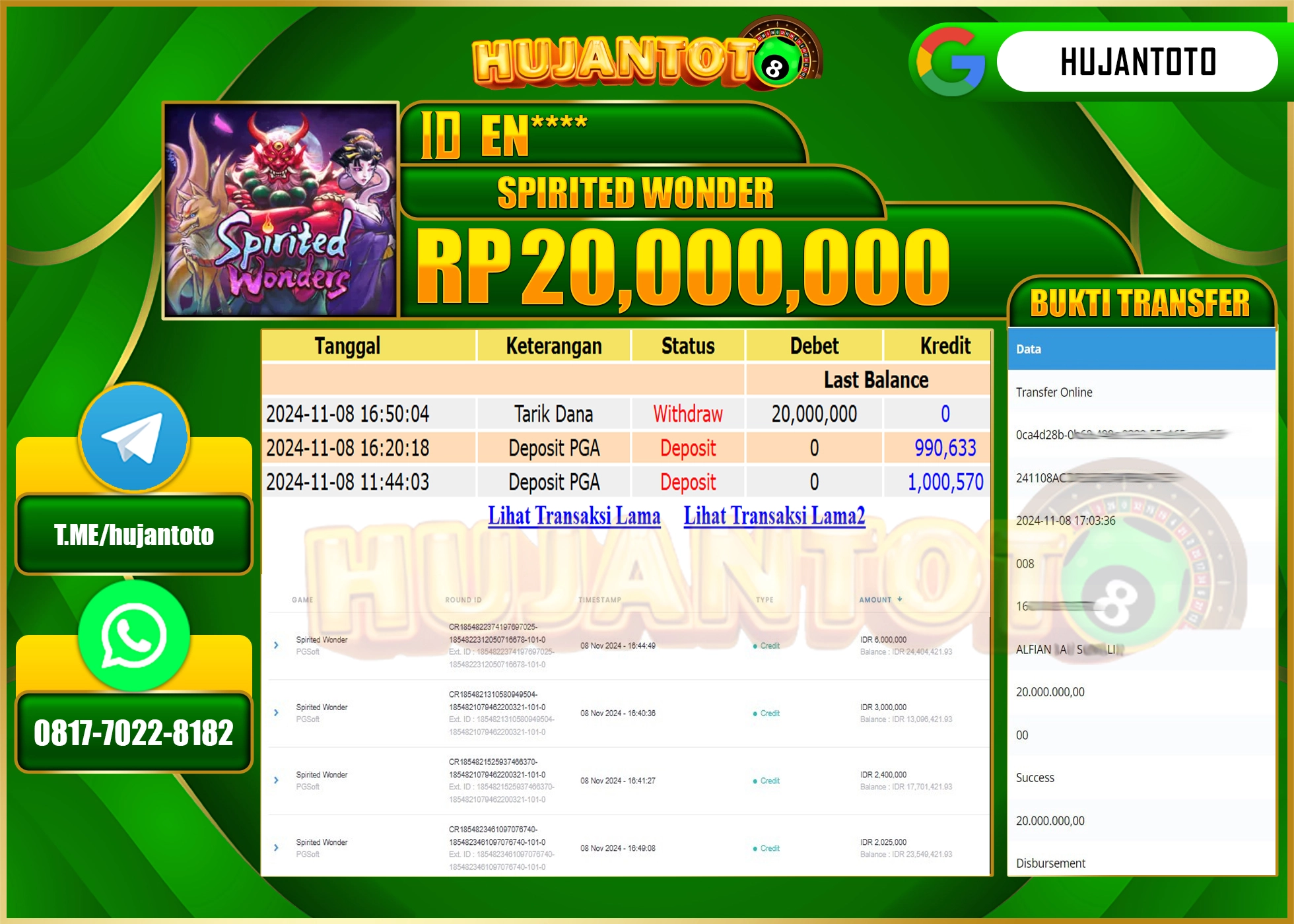 HUJANTOTO MENANG DI PERMAINAN  DI RAIH SLOT SPIRITED WONDER SEBESAR  - 20,000,000  - LUNAS