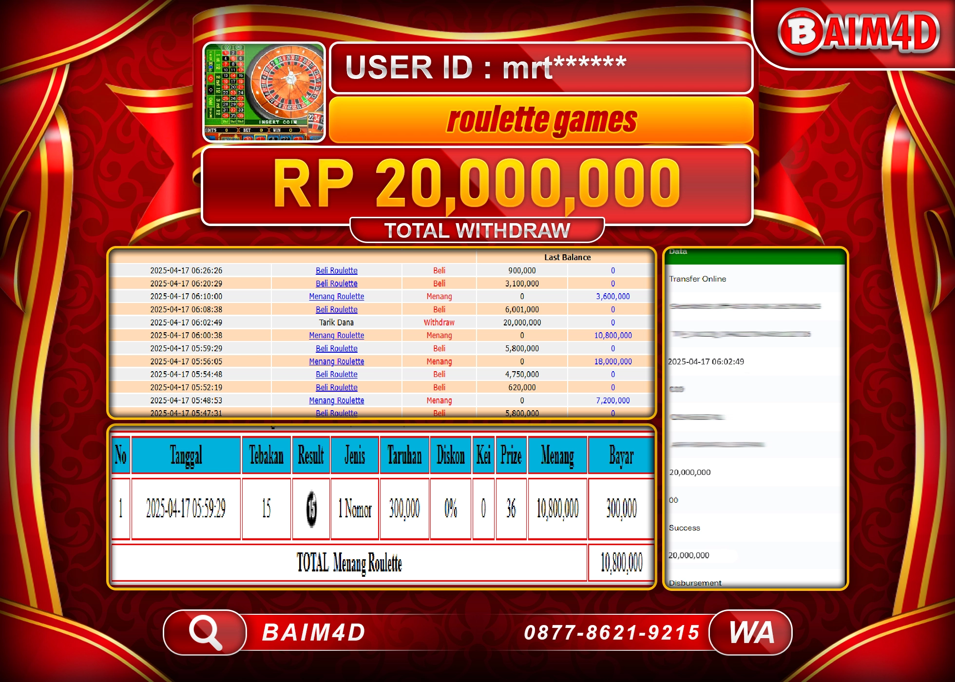 BAIM4D MENANG ROULETTE  LIVE GAMES Rp.20.000,000.- LUNAS