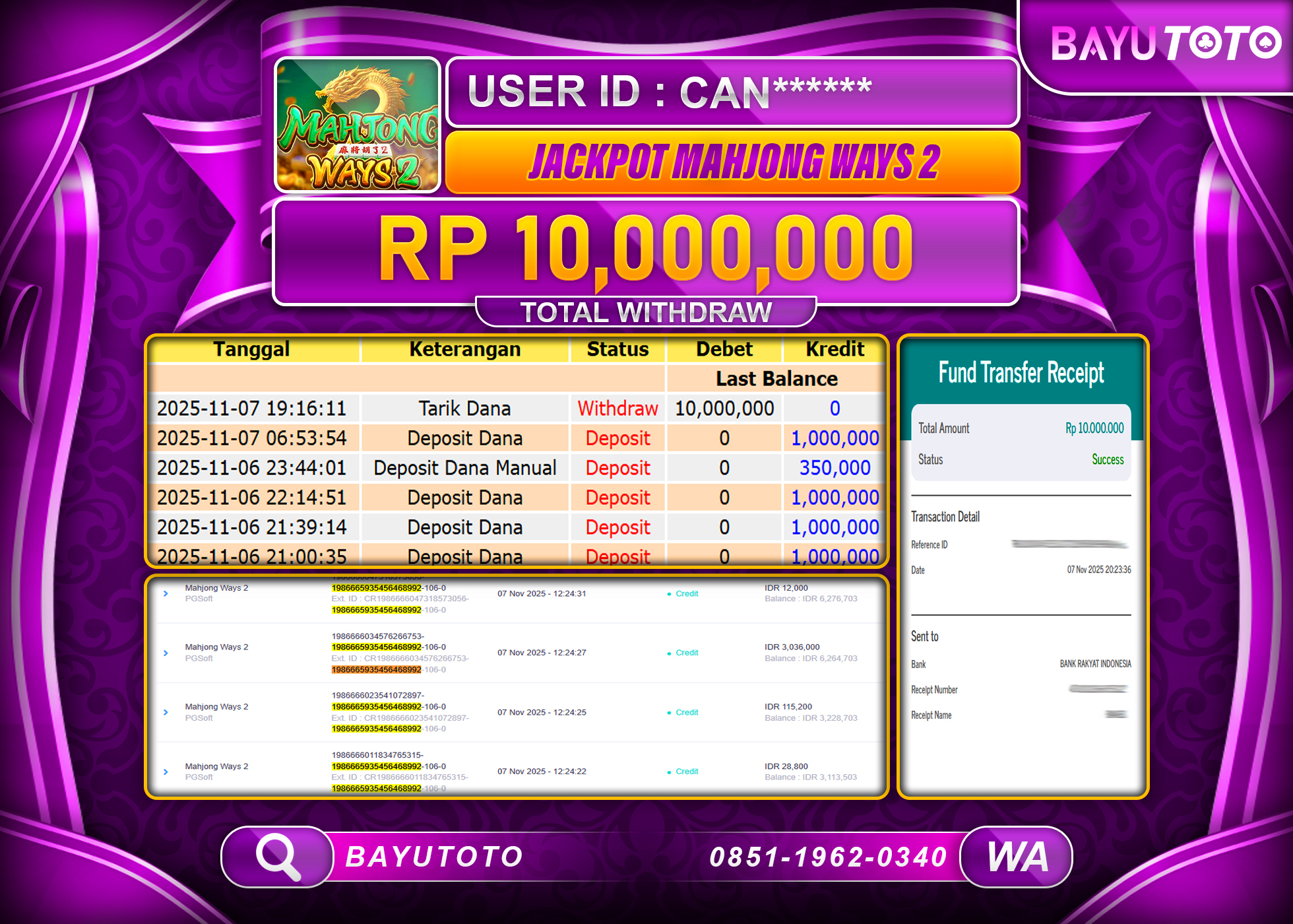 MEMBER BAYUTOTO JACKPOT DI SLOT MAHJONG WAYS  (PGSOFT)  Rp. 10,000,000 LUNAS