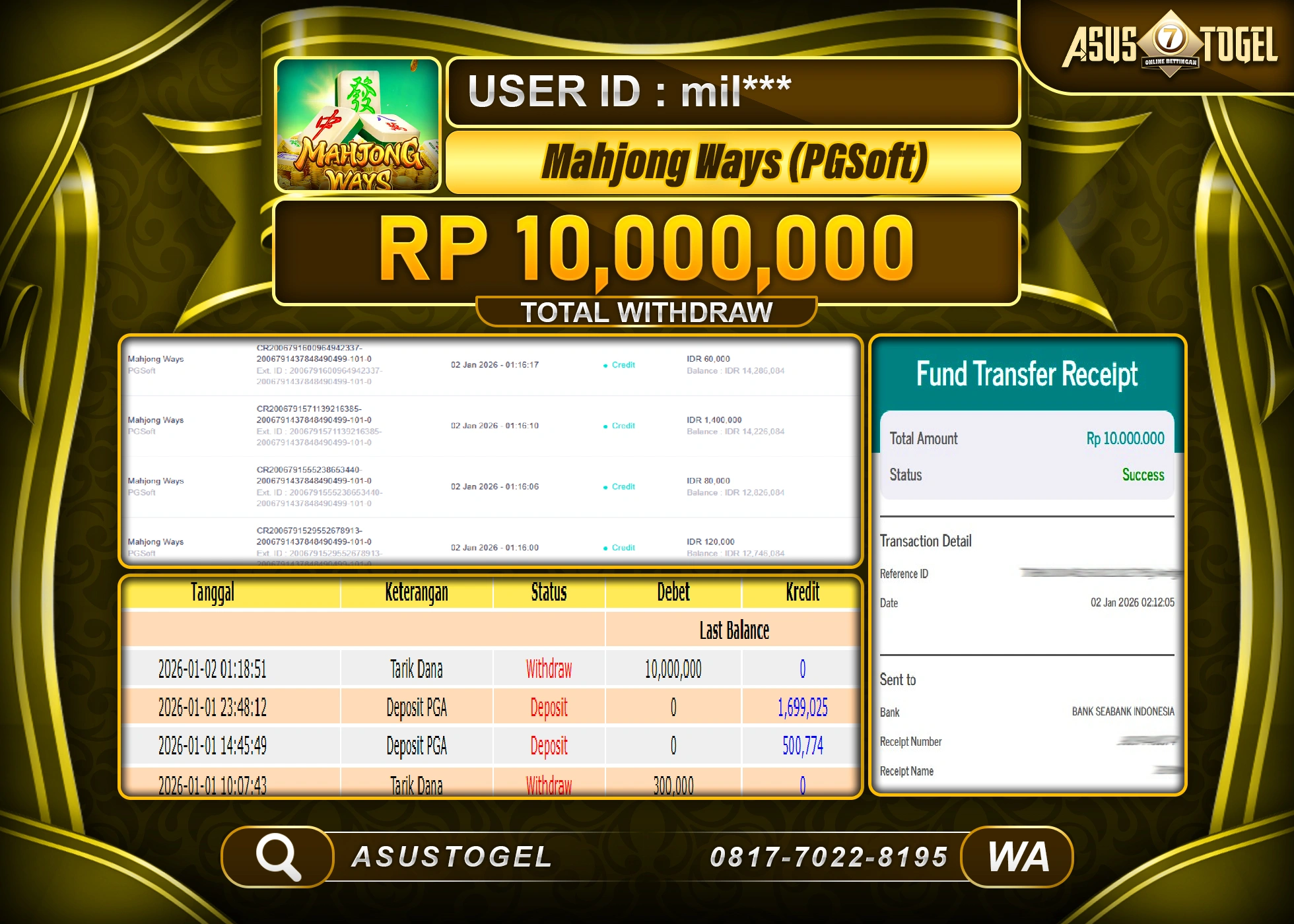 ASUSTOGEL KEMENANGAN DI SLOT MAHJONG WAYS  SEBESAR 10,000,000 - RUPIAH LUNAS