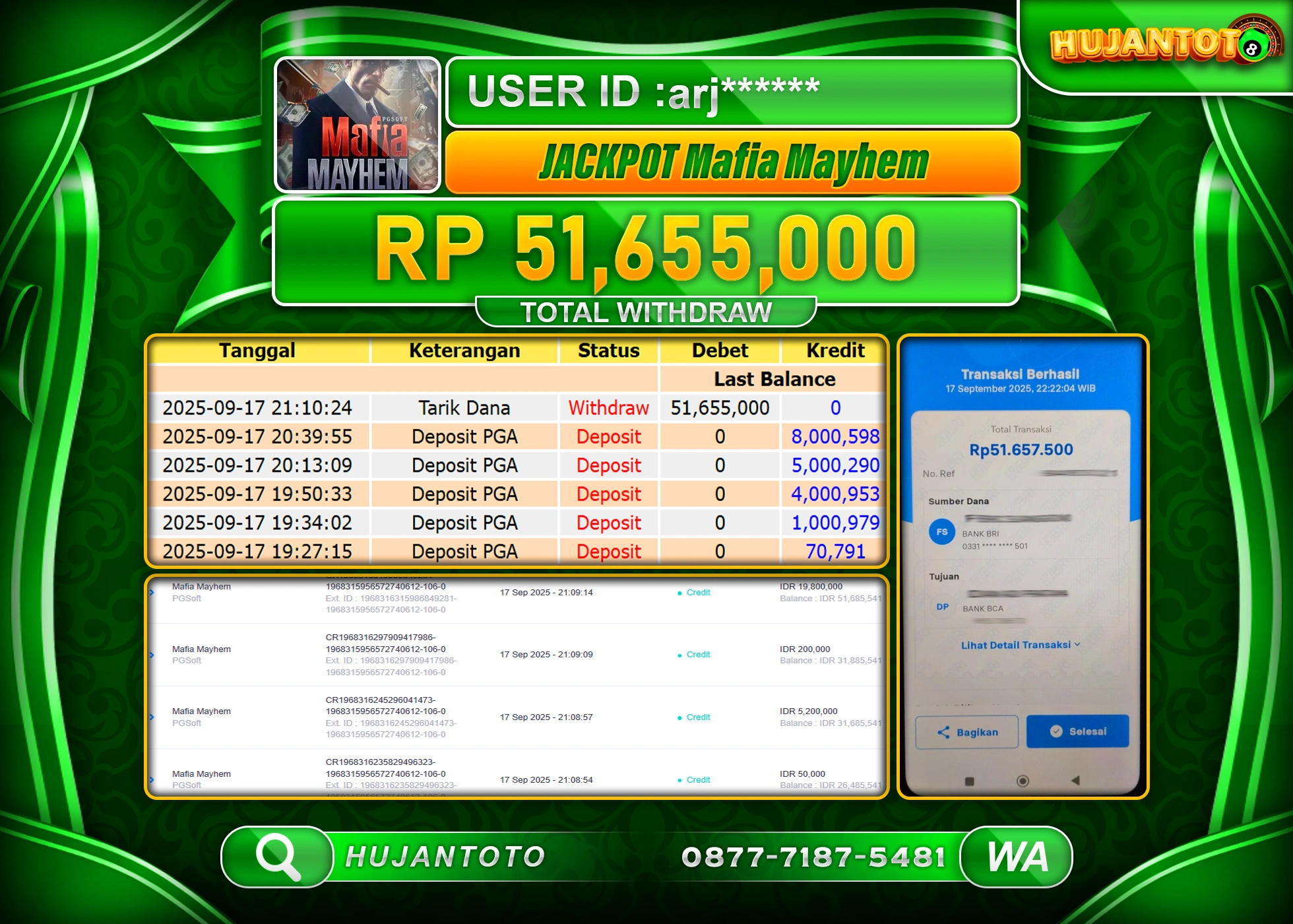 HUJANTOTO - BUKTI JACKPOT MENANG SLOT MAFIA MAYHEM Rp.51,655,000 - TERBAYAR LUNAS