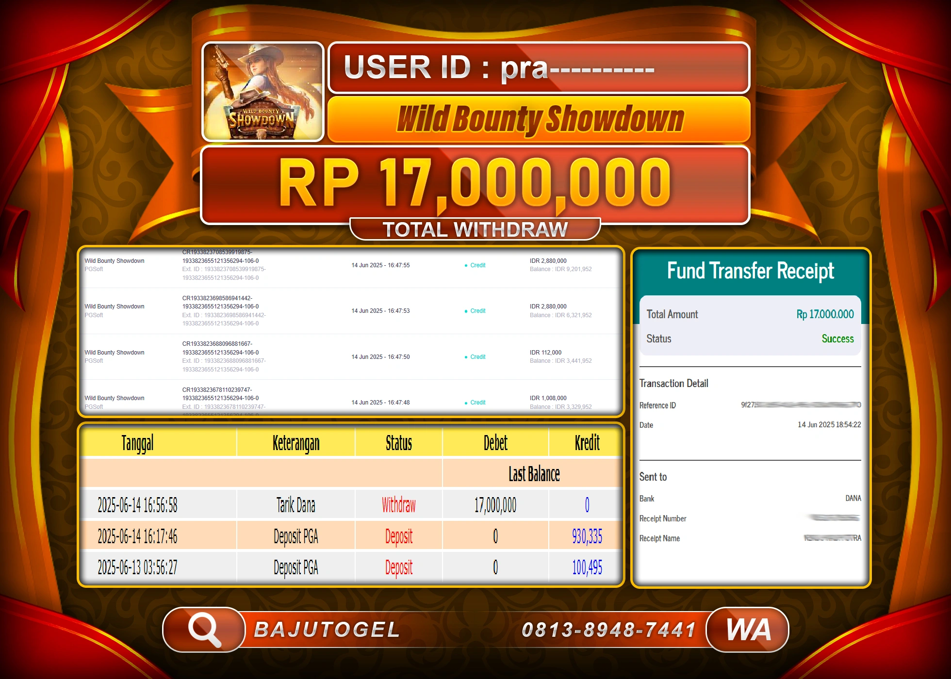 BAJUTOGEL KEMENANGAN  WILD BOUNTY SHOWDOWN  Rp.17.000.000 LUNAS