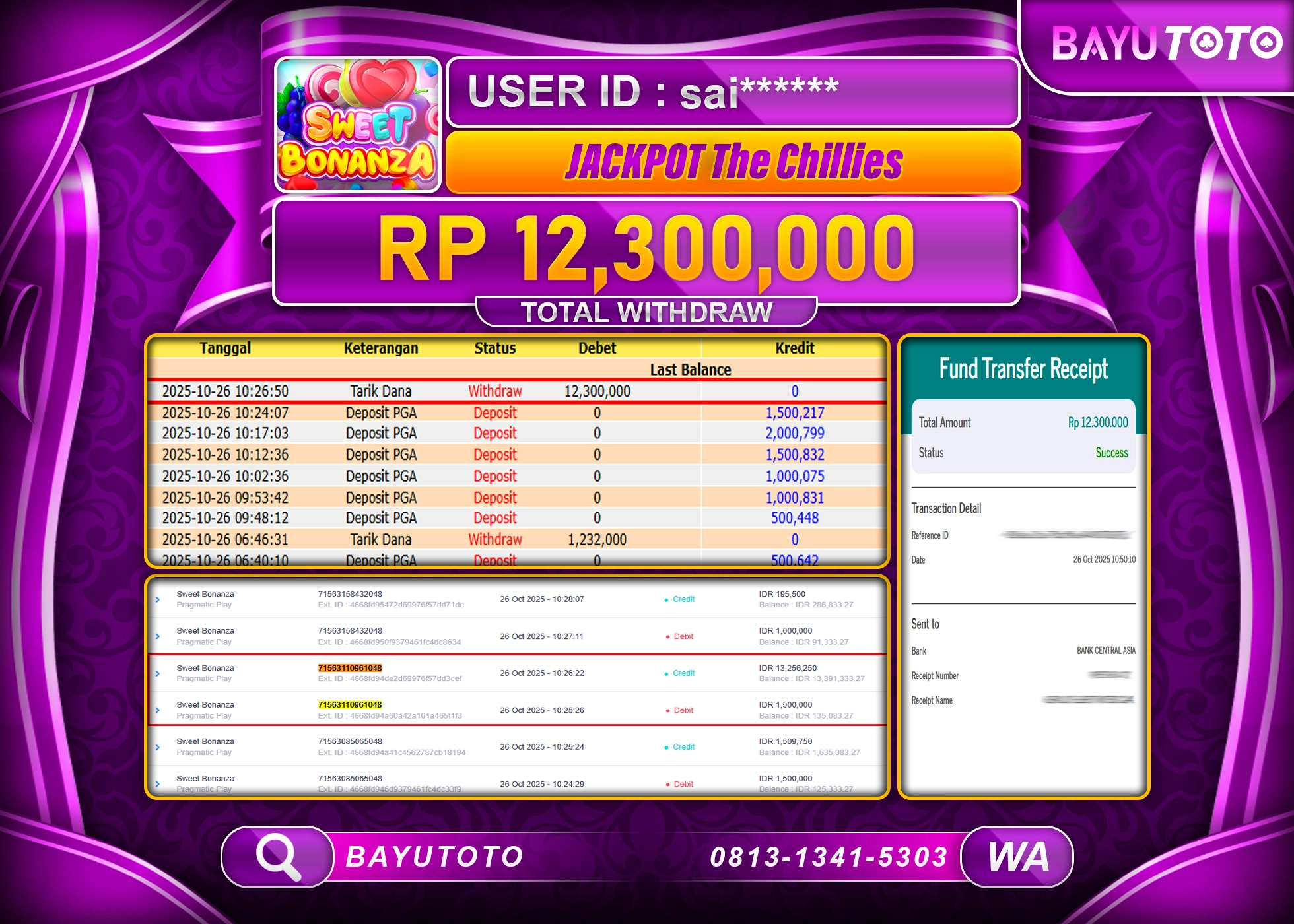 MEMBER BAYUTOTO JACKPOT DI SLOT SWEET BONANZA(PRAGMATIC PLAY) Rp. 12,300,000 LUNAS