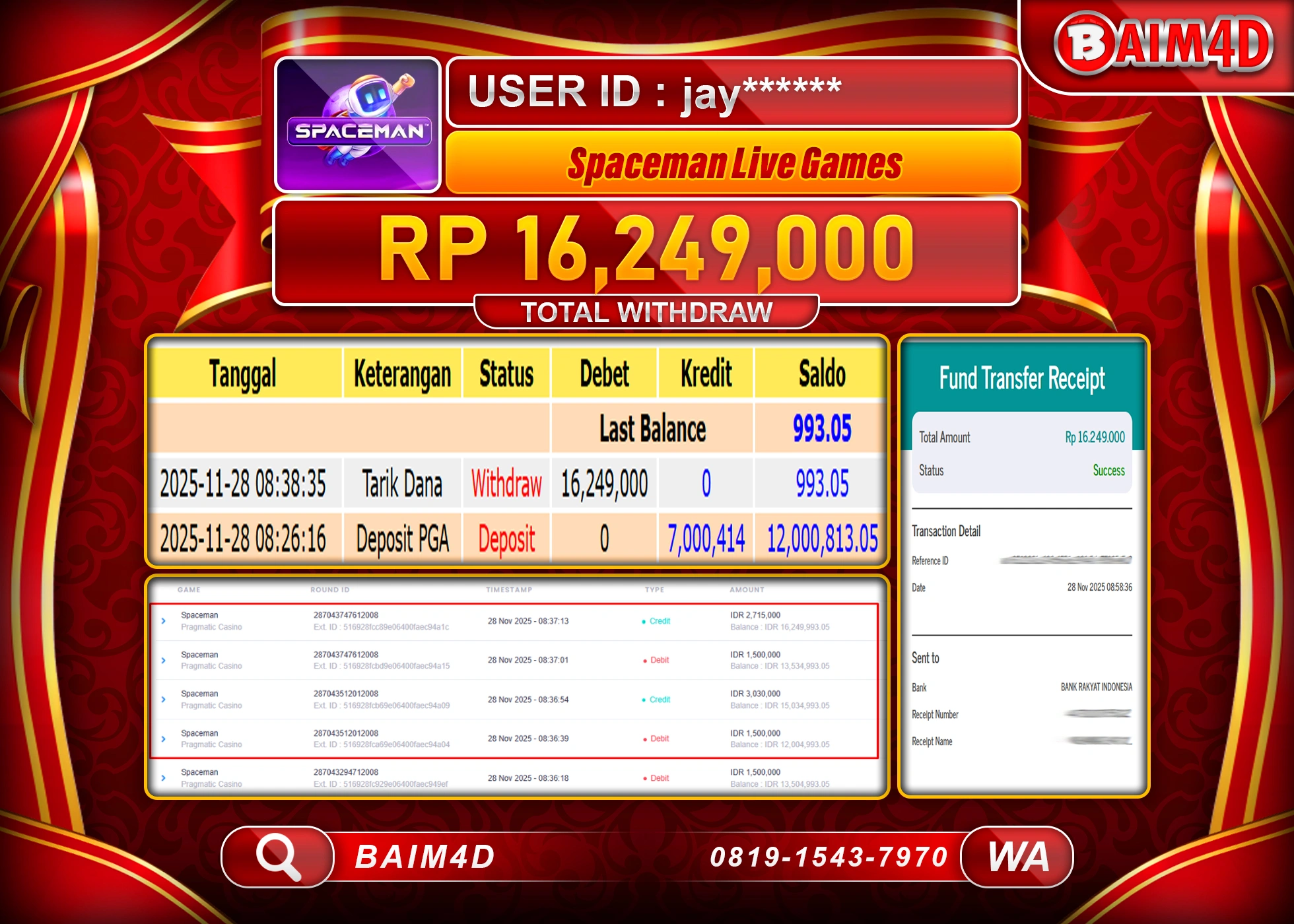 BAIM4D JACKPOT SLOT SPACEMAN PRAGMATIC Rp.16,249,000 - LUNAS