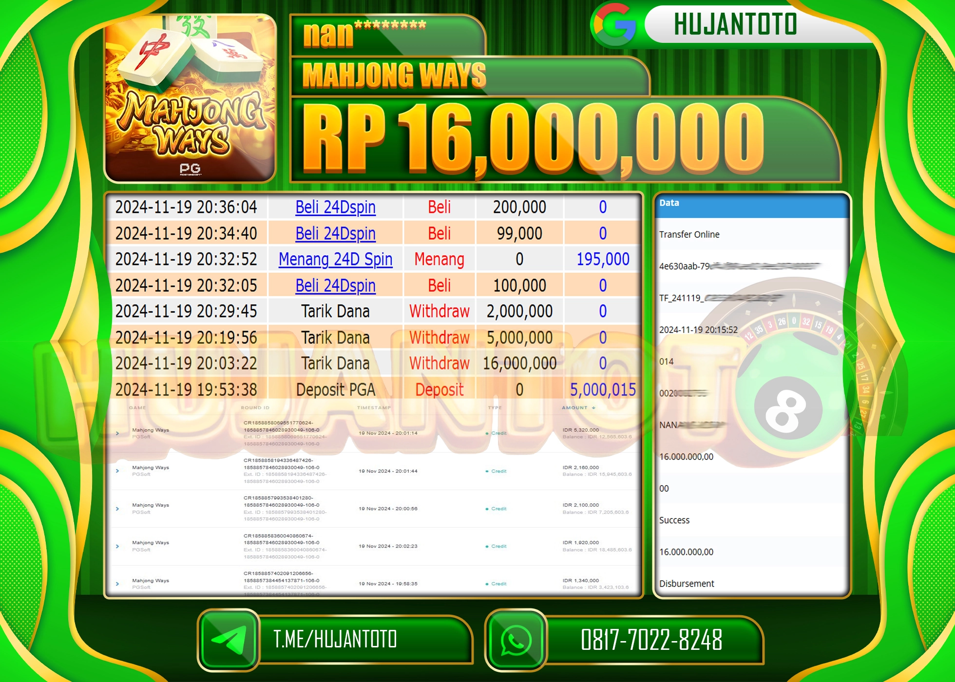 HUJANTOTO MENANG BESAR DI SLOT MAHJONG WAYS PGSOFT SEBESAR  - 16,000,000 - LUNAS