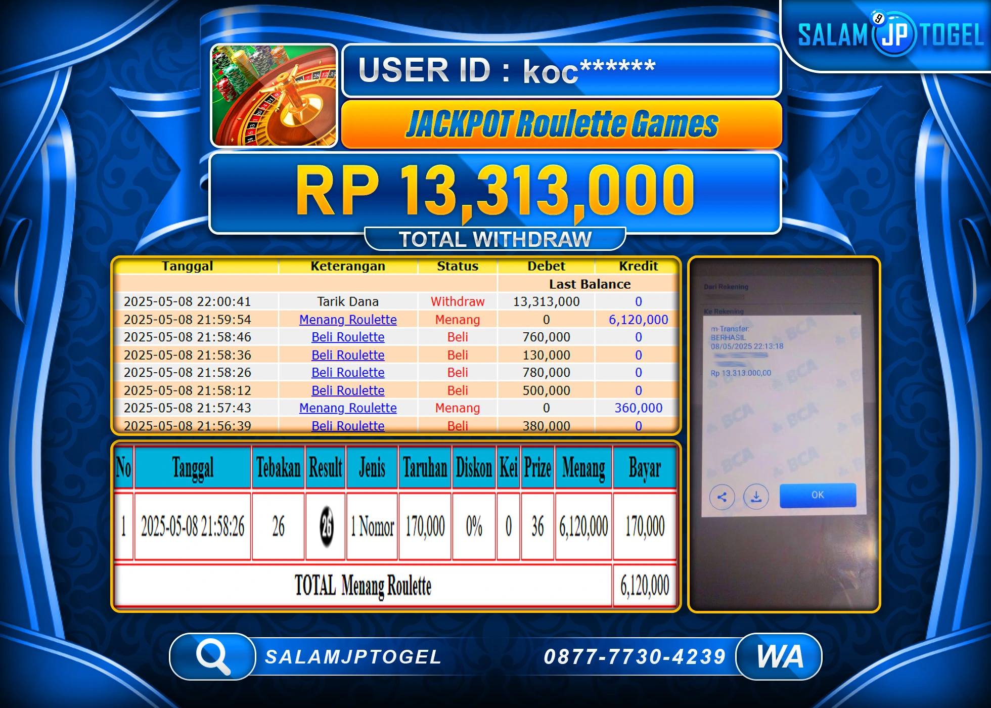SALAMJPTOGEL MENANG ROULETTE GAMES Rp.13,313,000 LUNAS