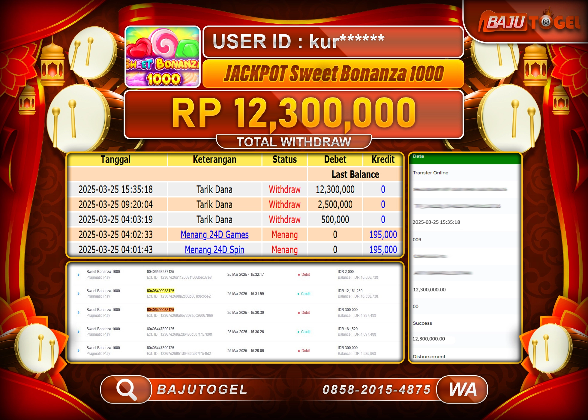 BAJUTOGEL KEMENANGAN SWEET BONANZA 1000 Rp.12.300.000 LUNAS