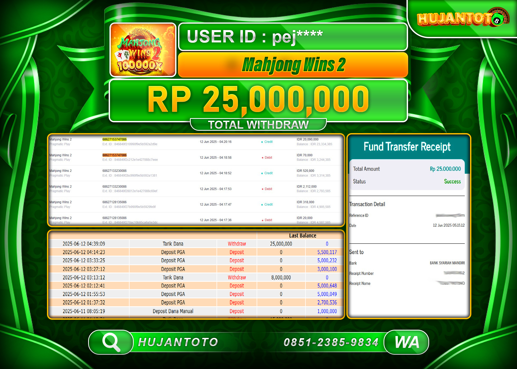 HUJANTOTO - BUKTI JACKPOT MENANG SLOT MAHJONG WINS 2 Rp.25,000,000  - TERBAYAR LUNAS