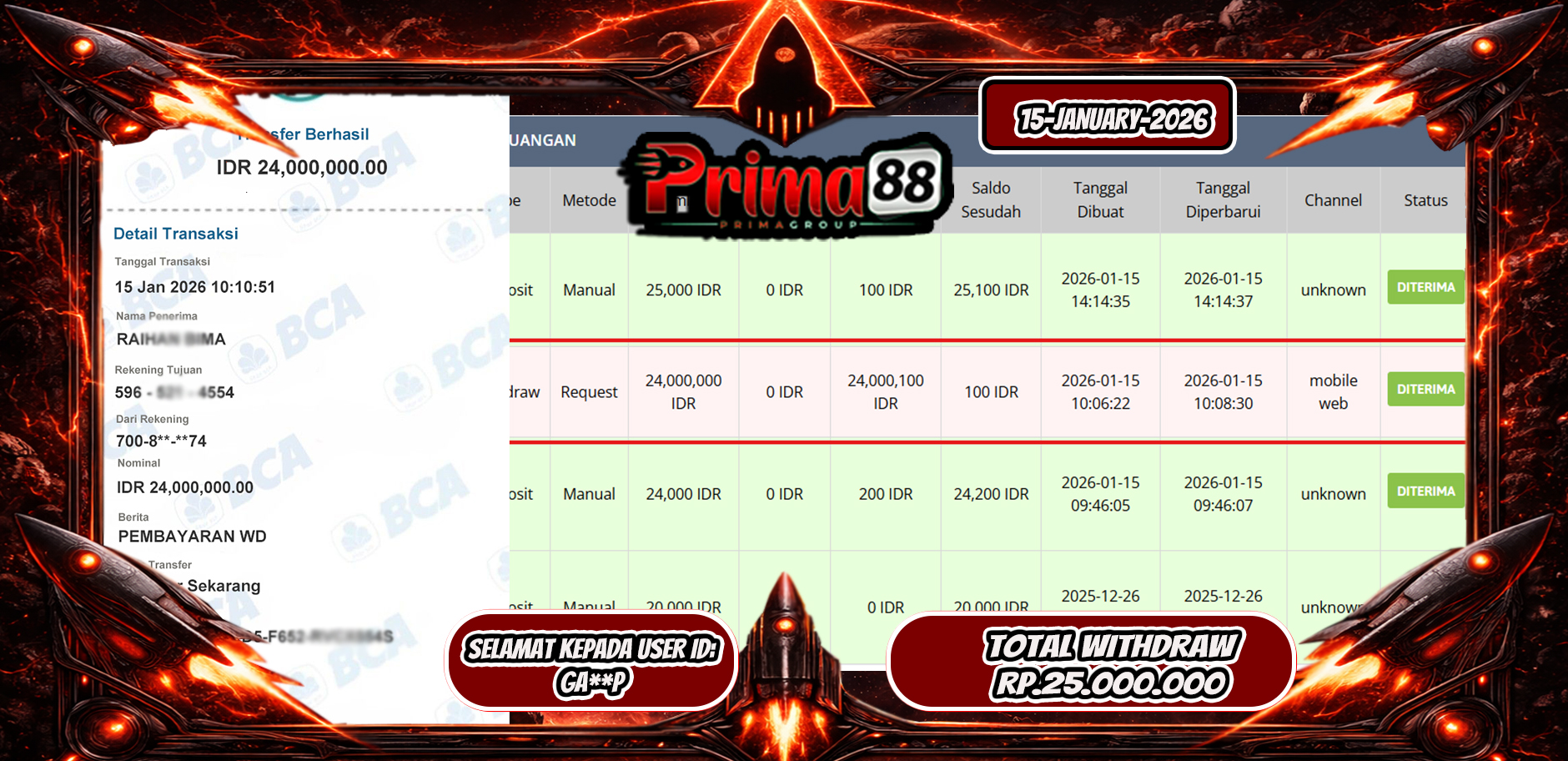 PRIMA88-JACKPOT SLOT GAME STARLIGHT PIRNCES 1000 HINGGA 24 JUTA, 15 JANUARI 2026