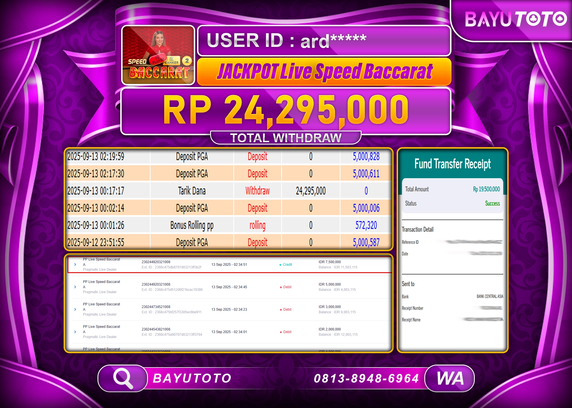 BAYUTOTO JACKPOT DI GAME  LIVEGAMES PP LIVE SPEED BACCARAT A Rp.24,295,000 LUNAS