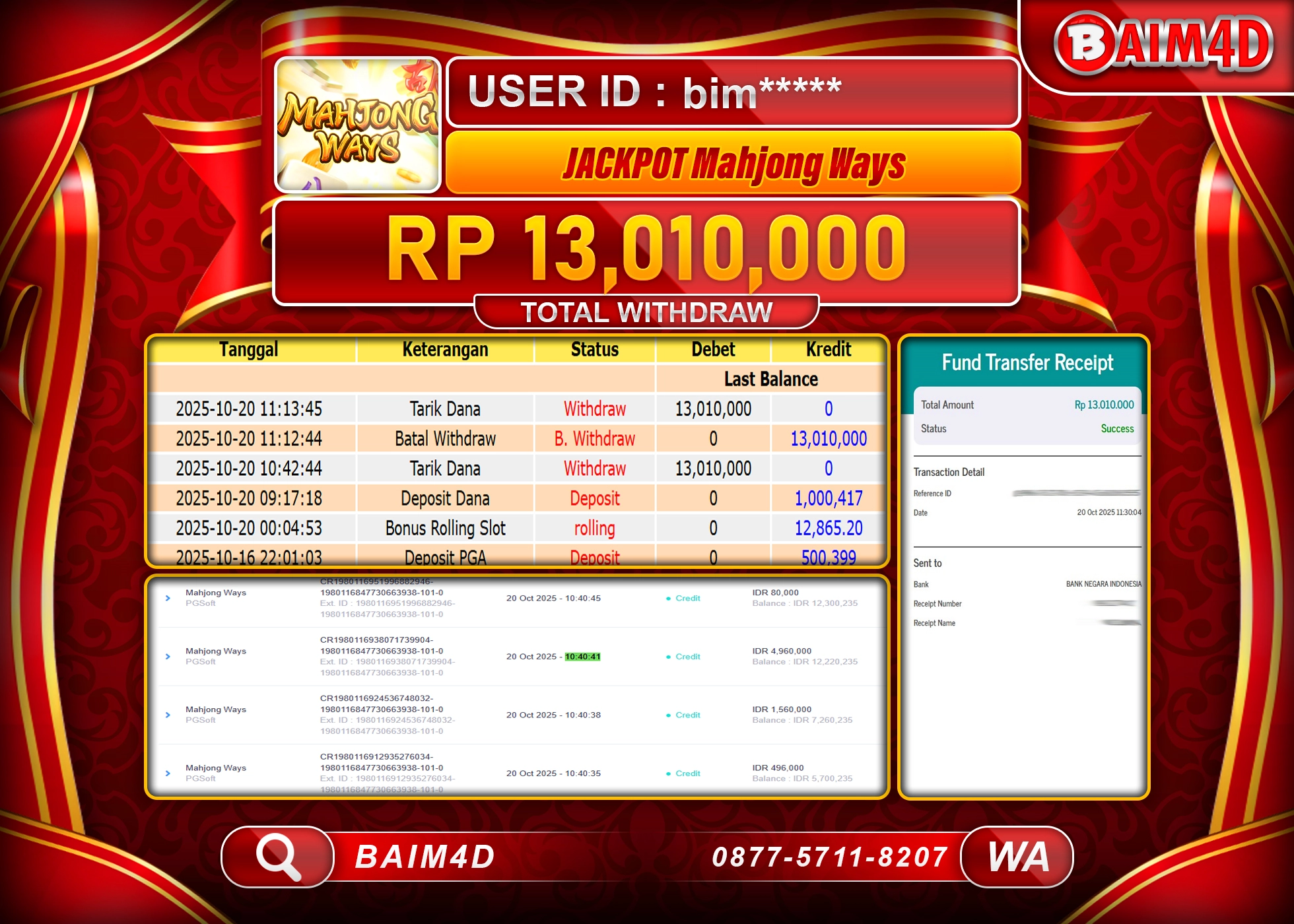 BAIM4D JACKPOT SLOT MAHJONG WAYS PG SOFT Rp.13,010,000.- LUNAS