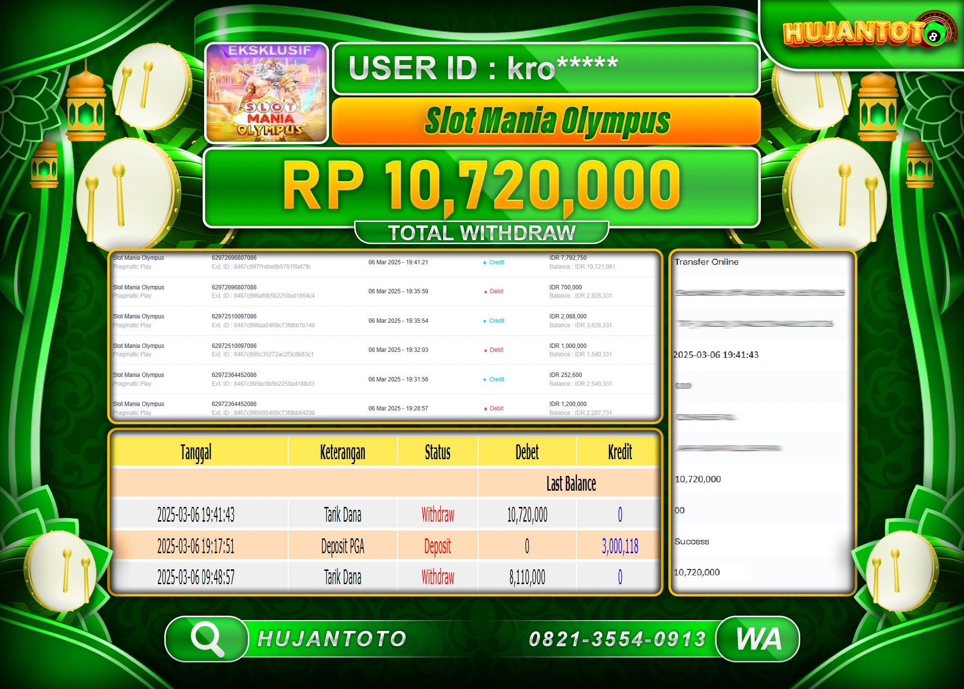 HUJANTOTO - BUKTI JACKPOT MENANG SLOT MANIA OF OLYMPUS Rp,10,720,000 - TERBAYAR LUNAS