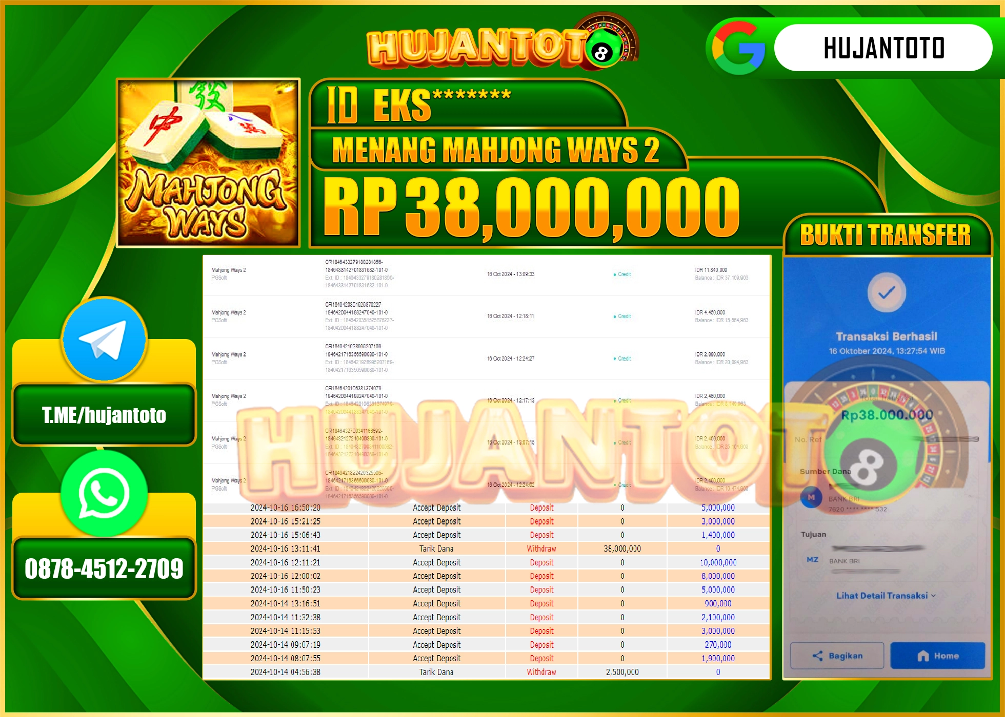HUJANTOTO MENANG DI PERMAINAN SLOT MAHJONG WAYS 2 SEBESAR -38,000,000- LUNAS